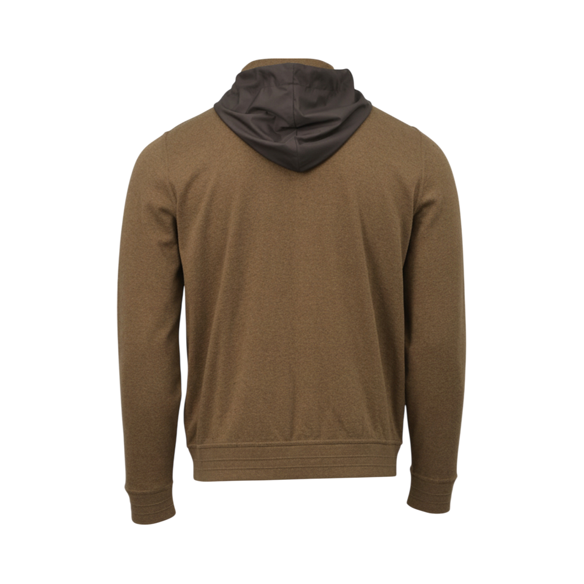 Brown long-sleeved sweater with ribbed cuffs and hem, featuring a contrasting smooth dark brown hood.