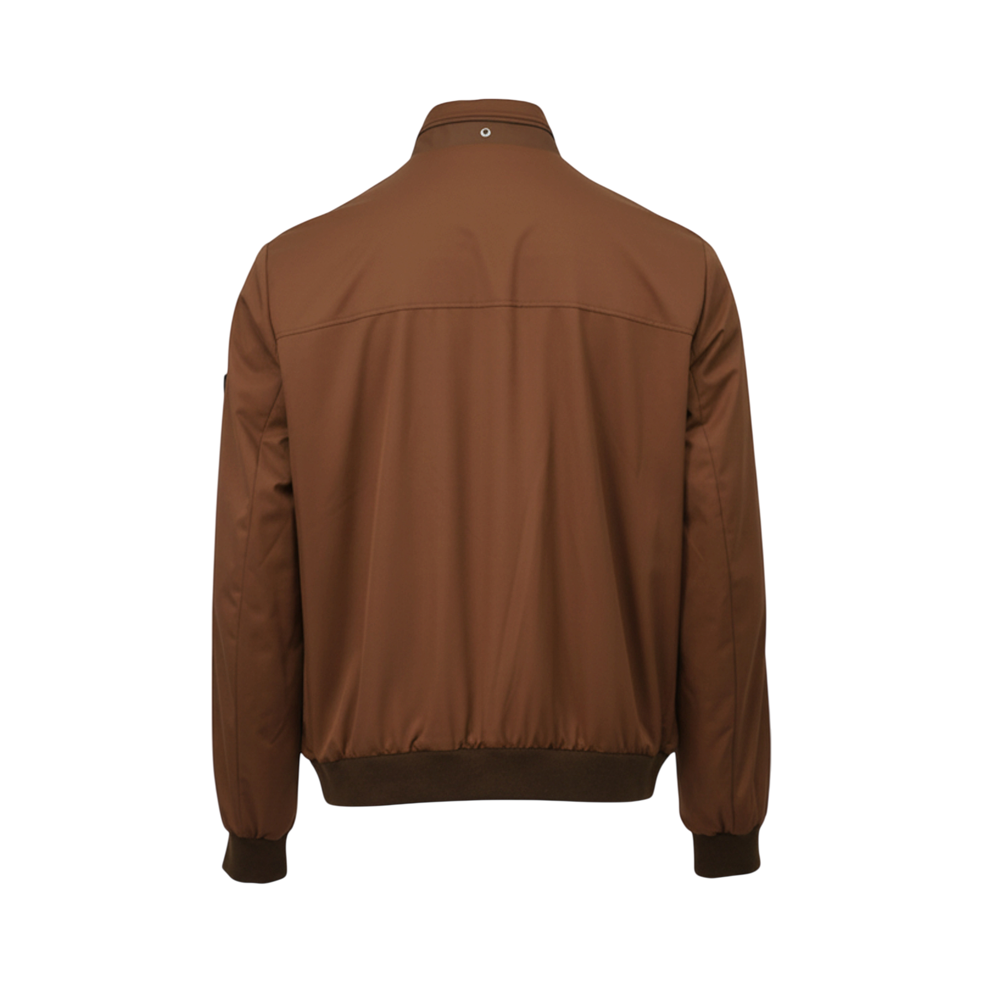 Dark brown bomber jacket, back view. Features a ribbed collar with a silver-toned snap, ribbed cuffs, and a ribbed hem. Back