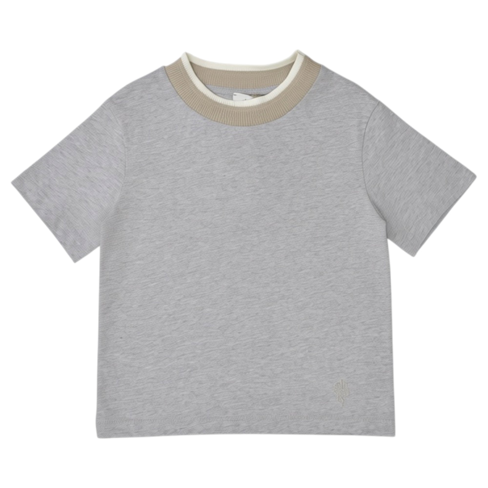 Grey short-sleeved T-shirt with a beige outer ribbed collar and an off-white inner ribbed collar, featuring a subtle embroide