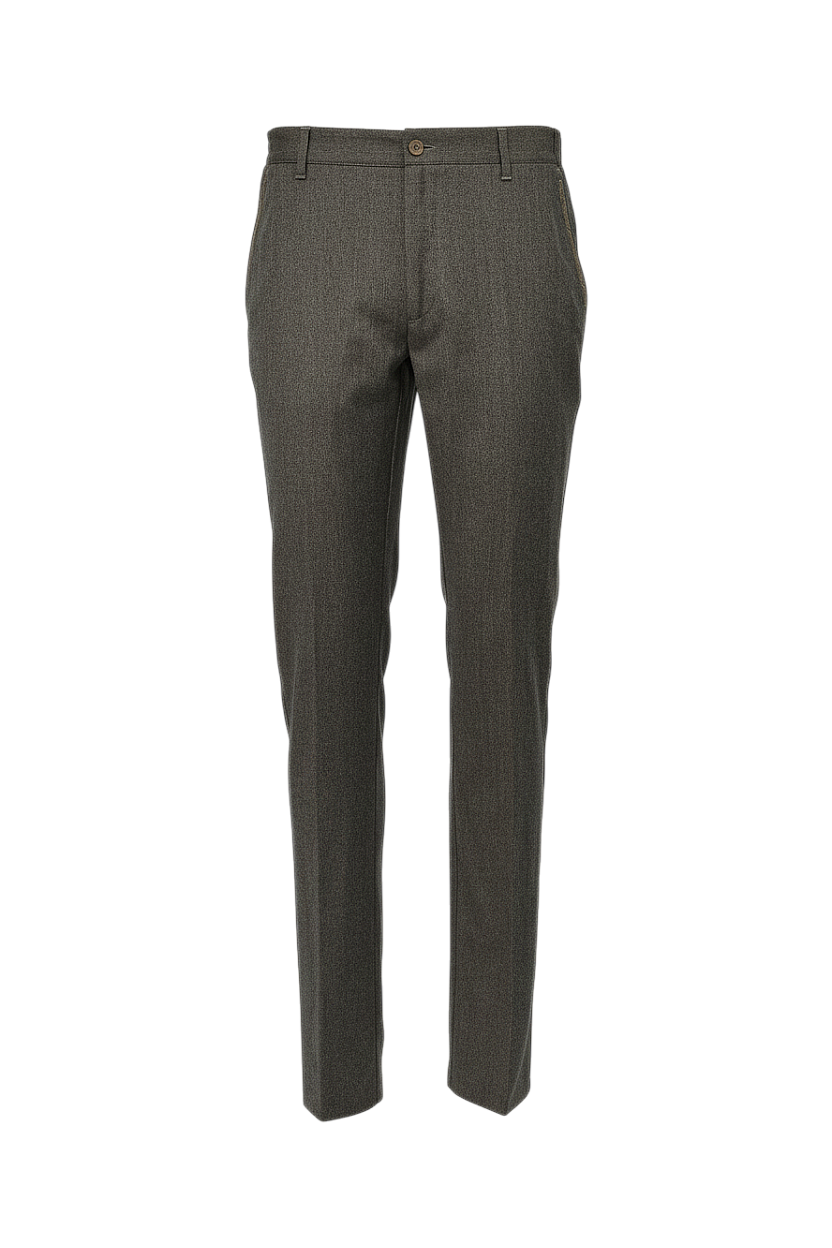 Brown tailored men's trousers with a subtle woven pattern, belt loops, side pockets, and button-zip closure.
