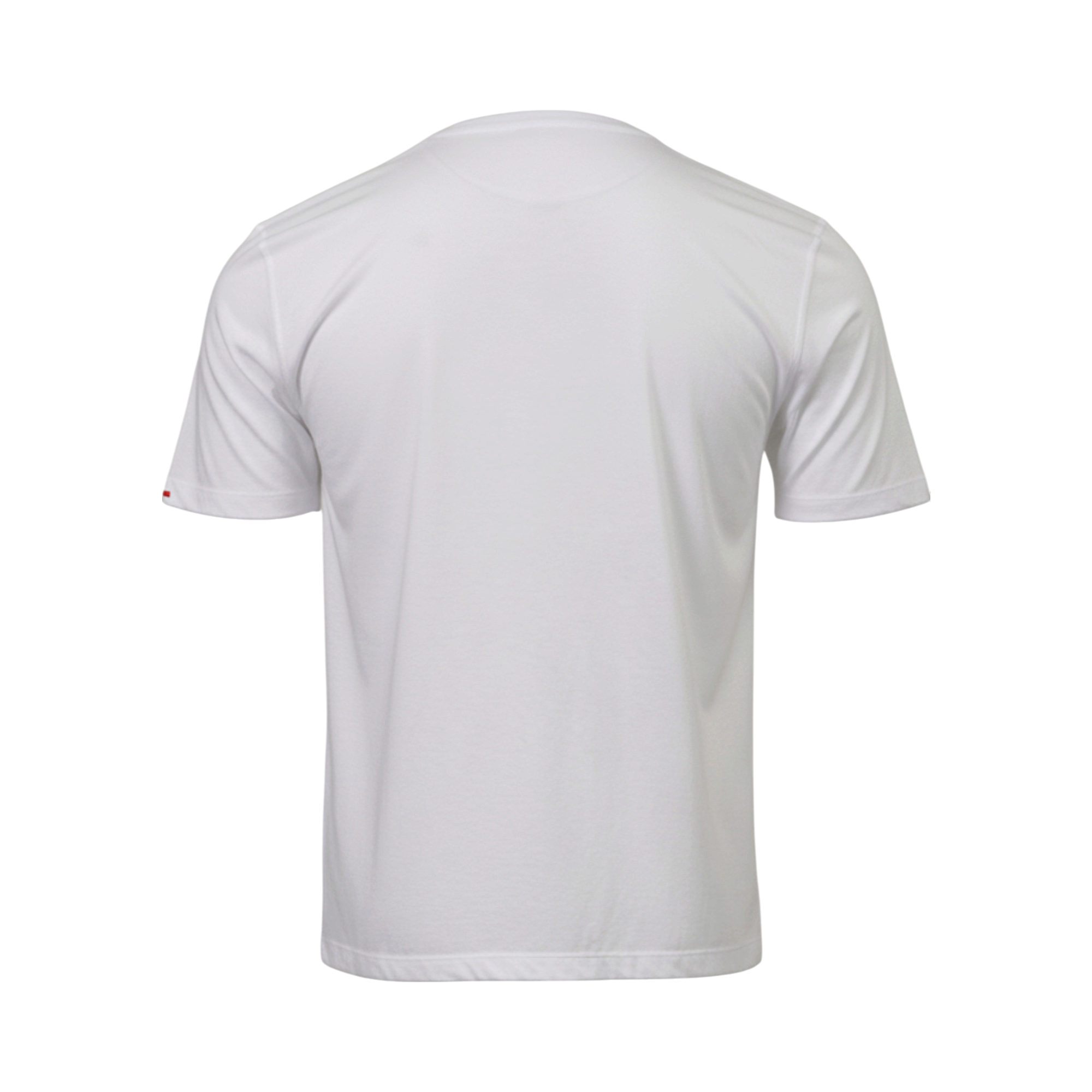 White crew neck t-shirt with short sleeves, viewed from the back. A small red tag is on the left sleeve cuff.