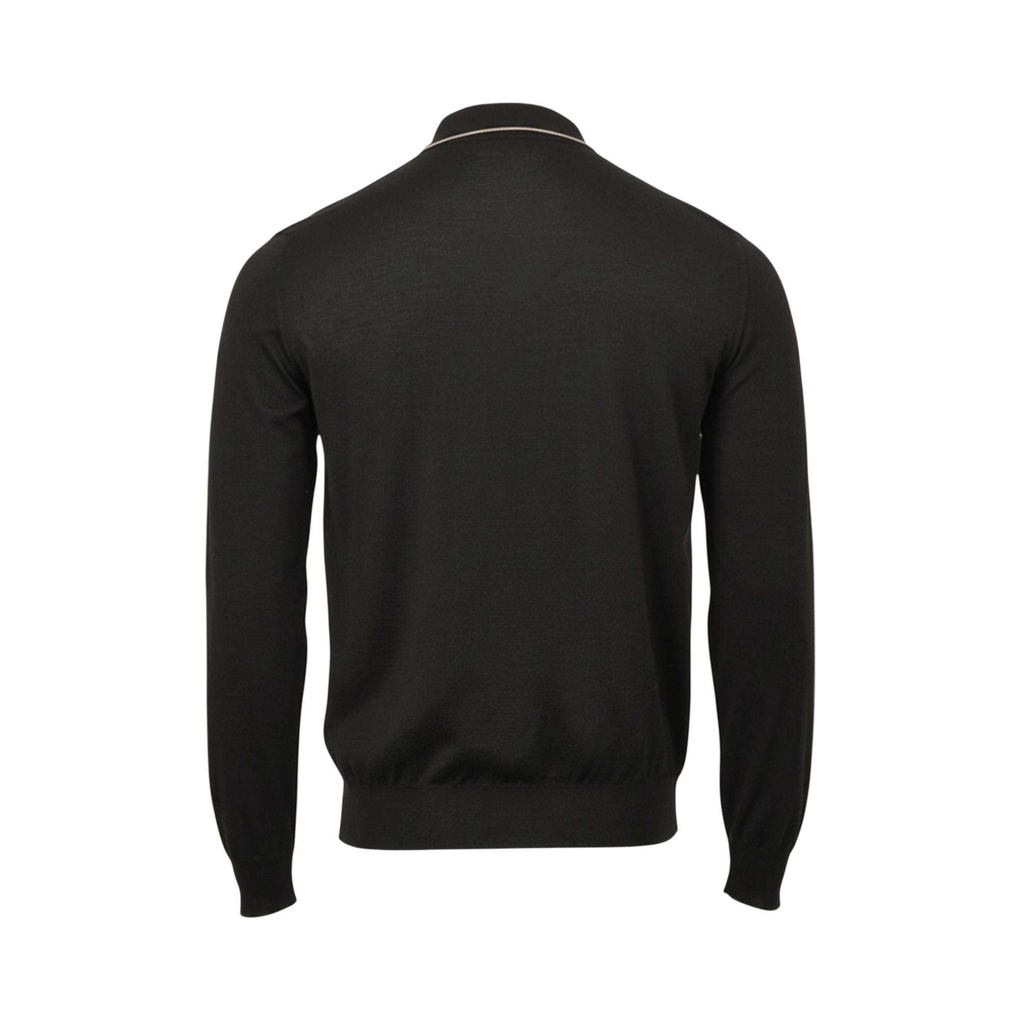 Black fine-knit long-sleeved polo sweater with ribbed cuffs and hem, and a light-colored stripe on the inner collar.