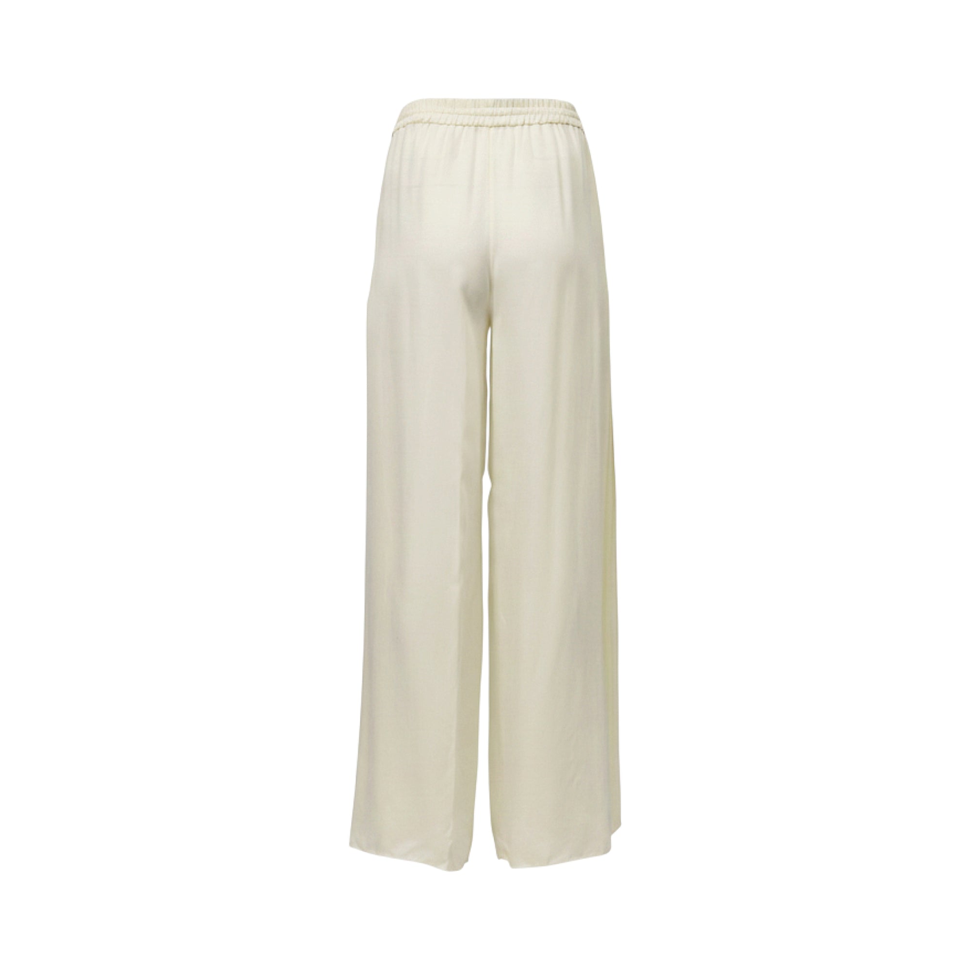 Ecru wide-leg trousers with an elasticated, gathered waistband. Lightweight, flowing fabric.