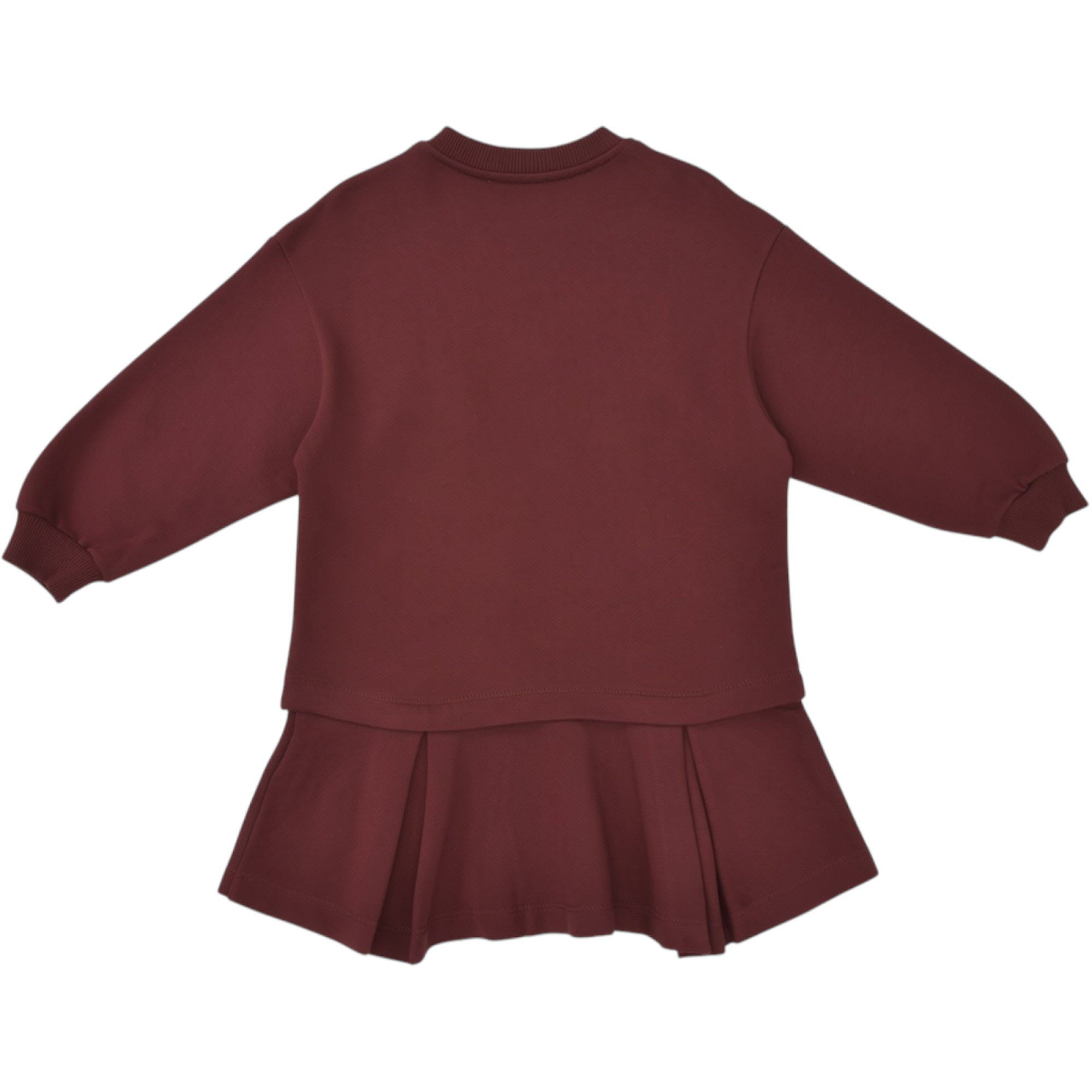Burgundy long-sleeved dress with a ribbed crew neck and cuffs, featuring a sweatshirt-style top and a pleated skirt.