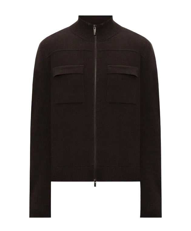Deep brown knit full-zip sweater with a ribbed stand-up collar, two chest flap pockets, and a silver-toned zipper pull.