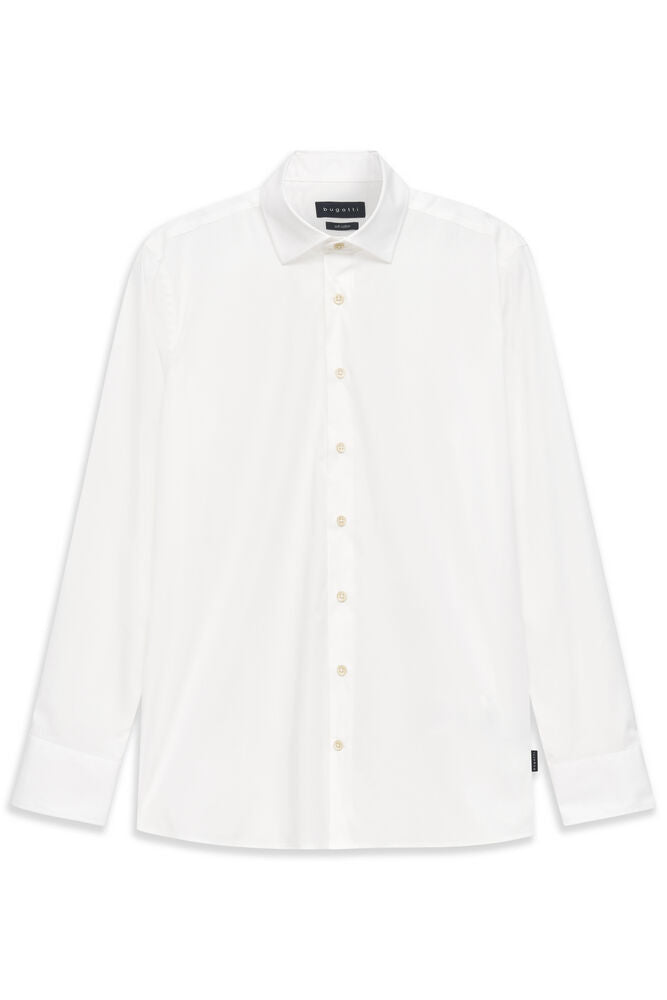 White long-sleeved men's casual shirt with a pointed collar, full-button placket, and buttoned cuffs, laid flat.