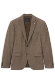 Cognac brown single-breasted sports jacket with notched lapels, single front button, two flap pockets, and chest pocket.