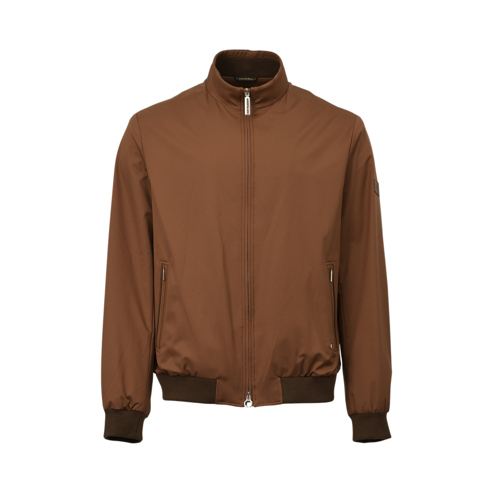 Dark brown men's sport jacket with a stand-up collar, full zip front, ribbed cuffs, ribbed hem, and two zip pockets.