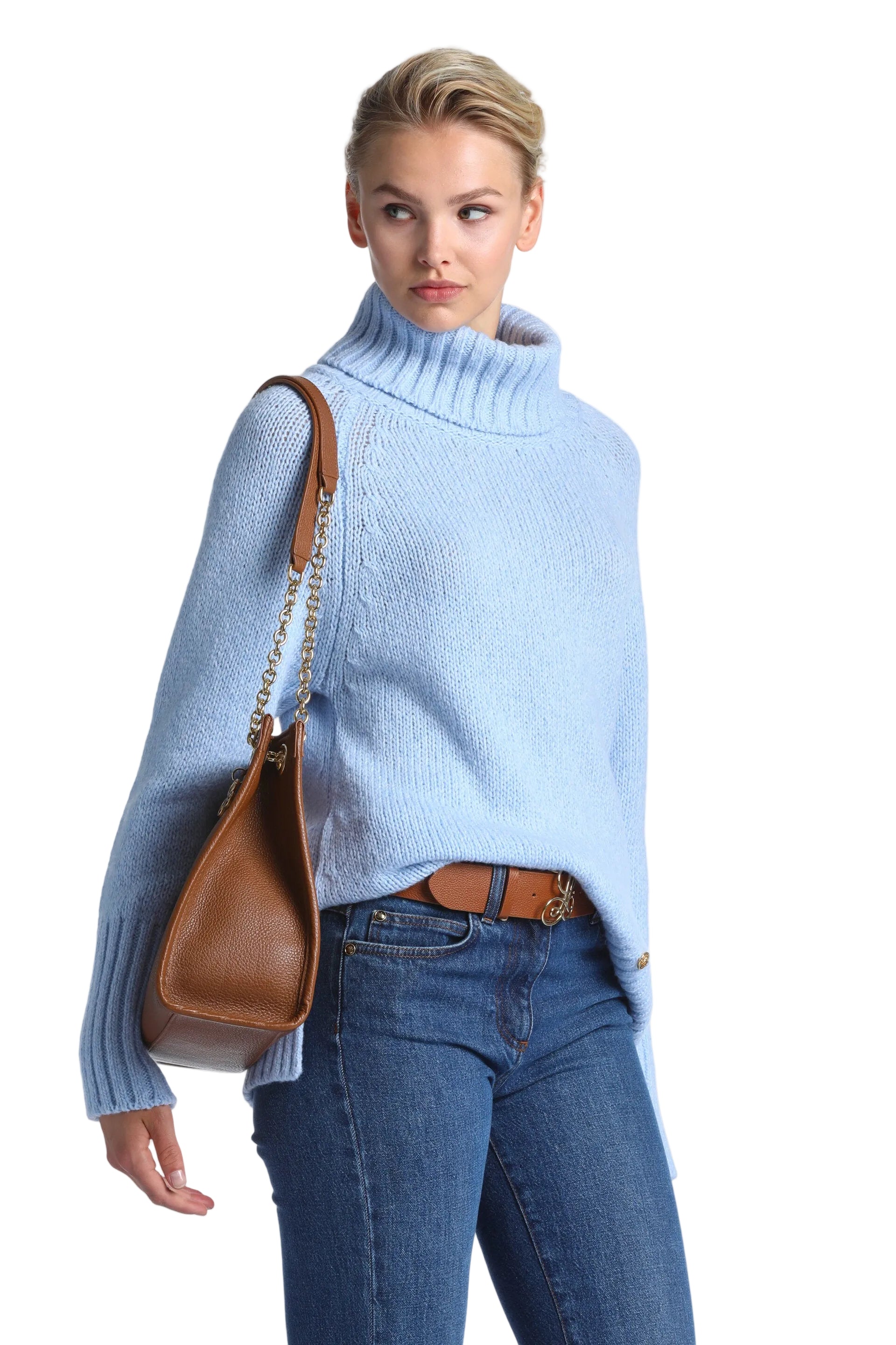 Light blue knitted sweater with a high ribbed turtleneck, long sleeves, and ribbed cuffs.
