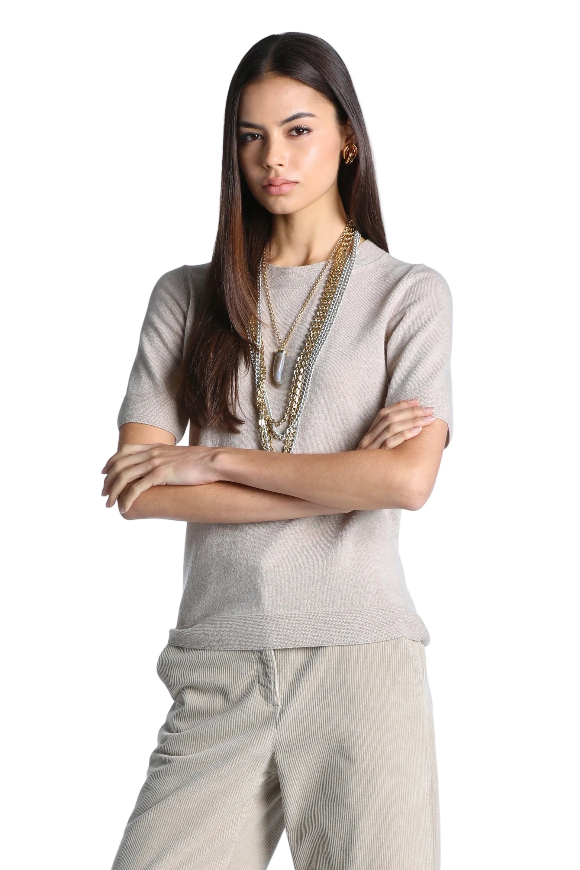 Beige fine knit short-sleeved pullover with a high crew neck and ribbed hem.