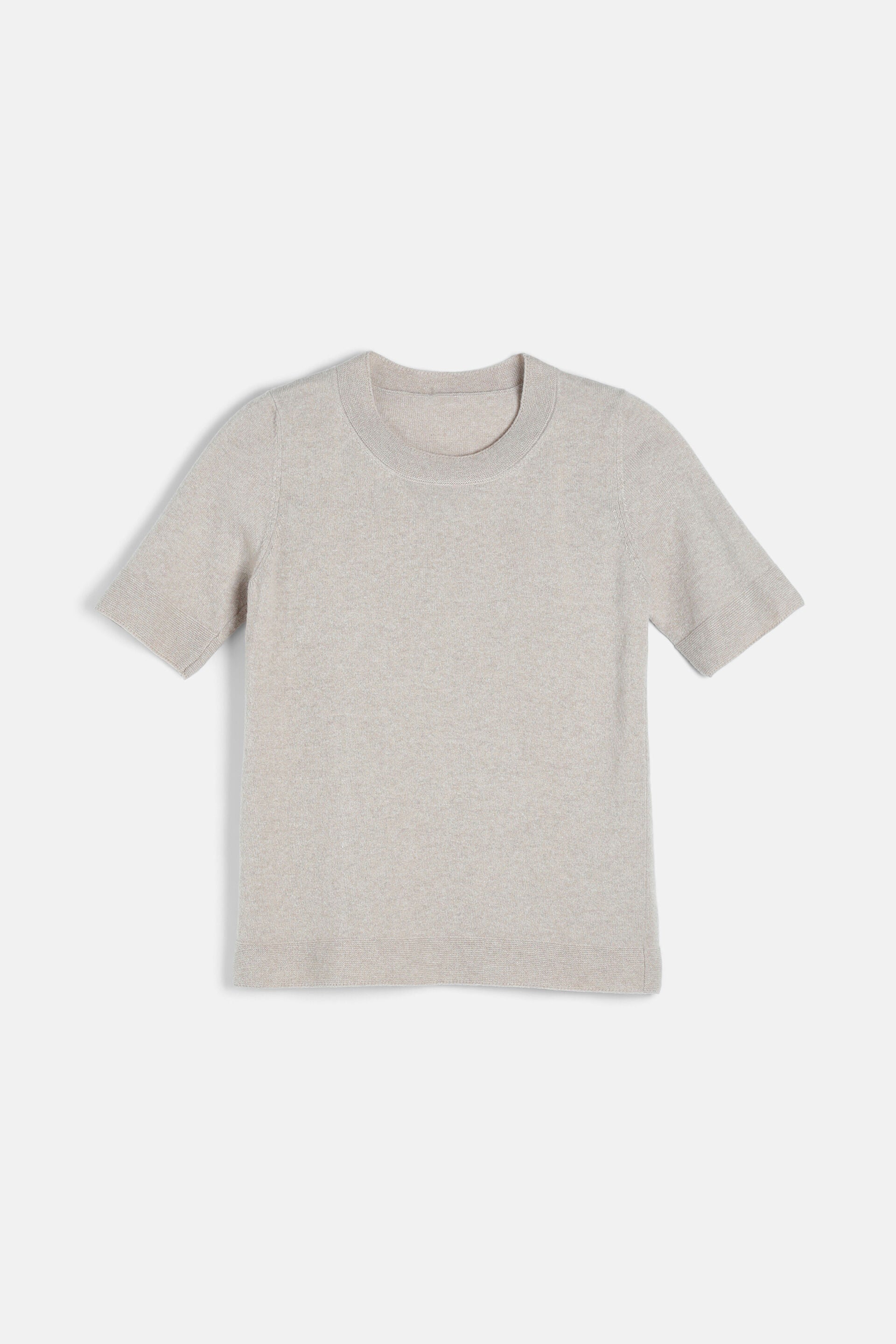 Beige short-sleeved knit pullover with a ribbed crew neck, ribbed cuffs, and ribbed hem.