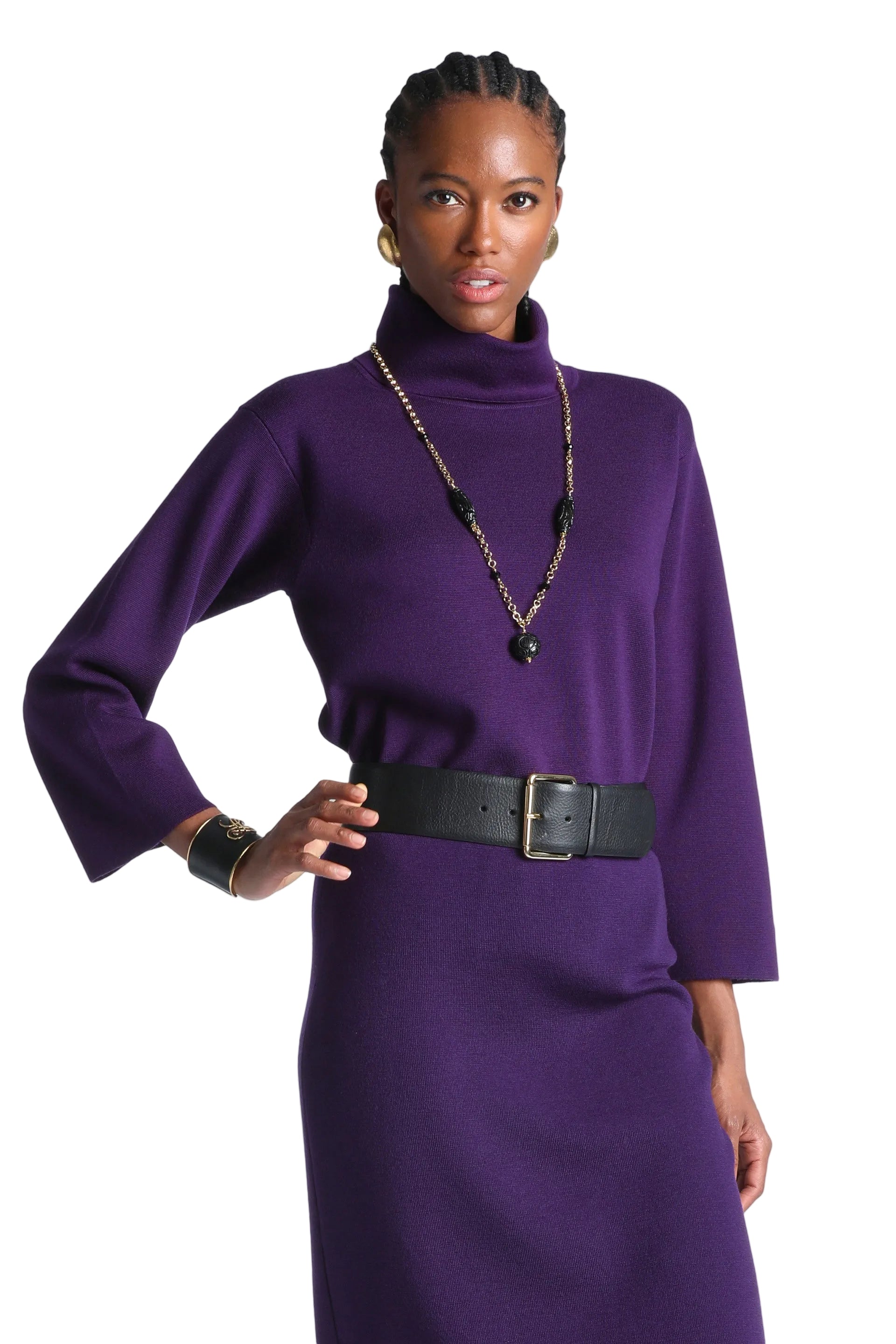 Purple roll neck knit tunic with long sleeves and a relaxed fit.