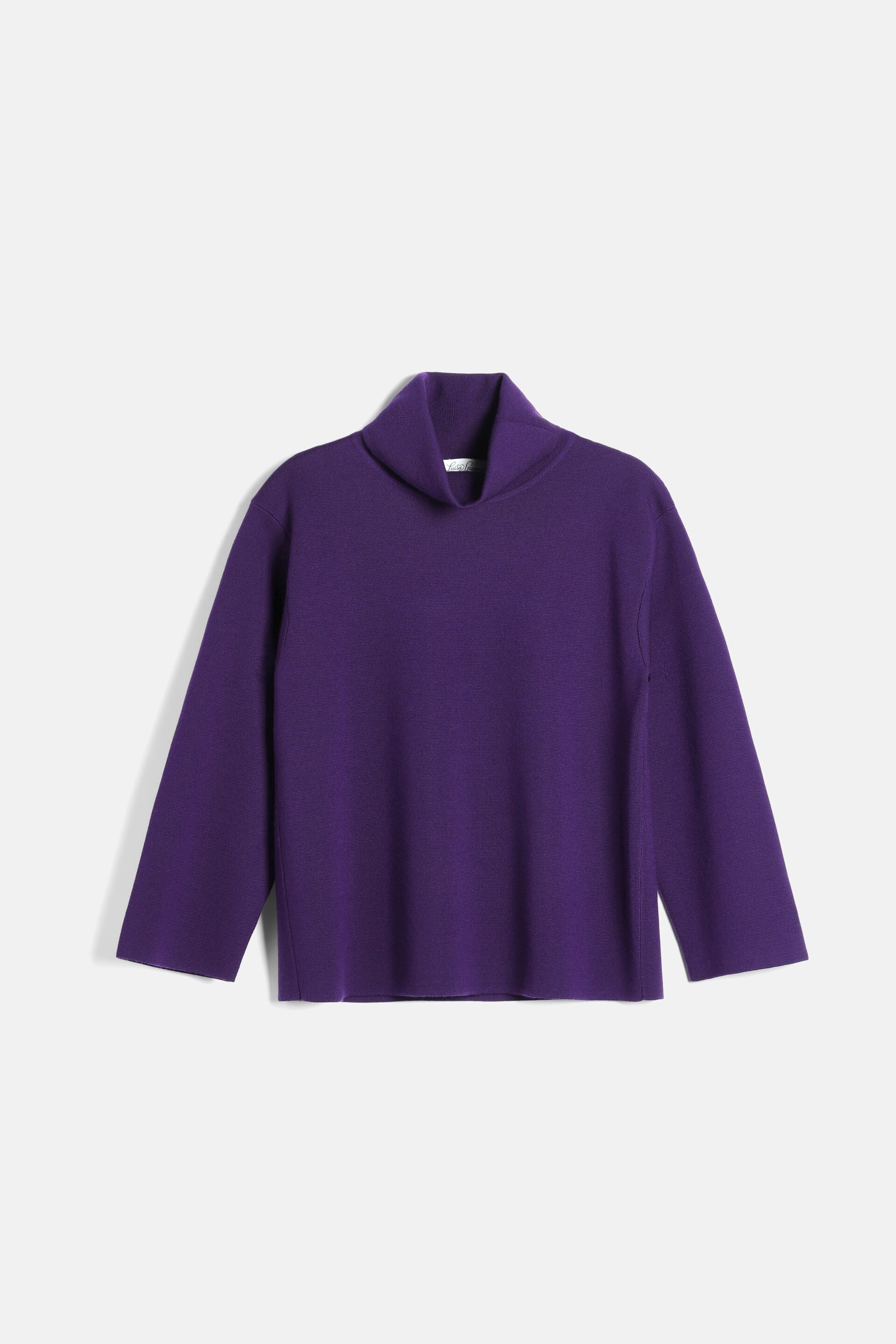 Purple fine-knit tunic with a high cowl neck, 3/4 sleeves, and a straight hem.