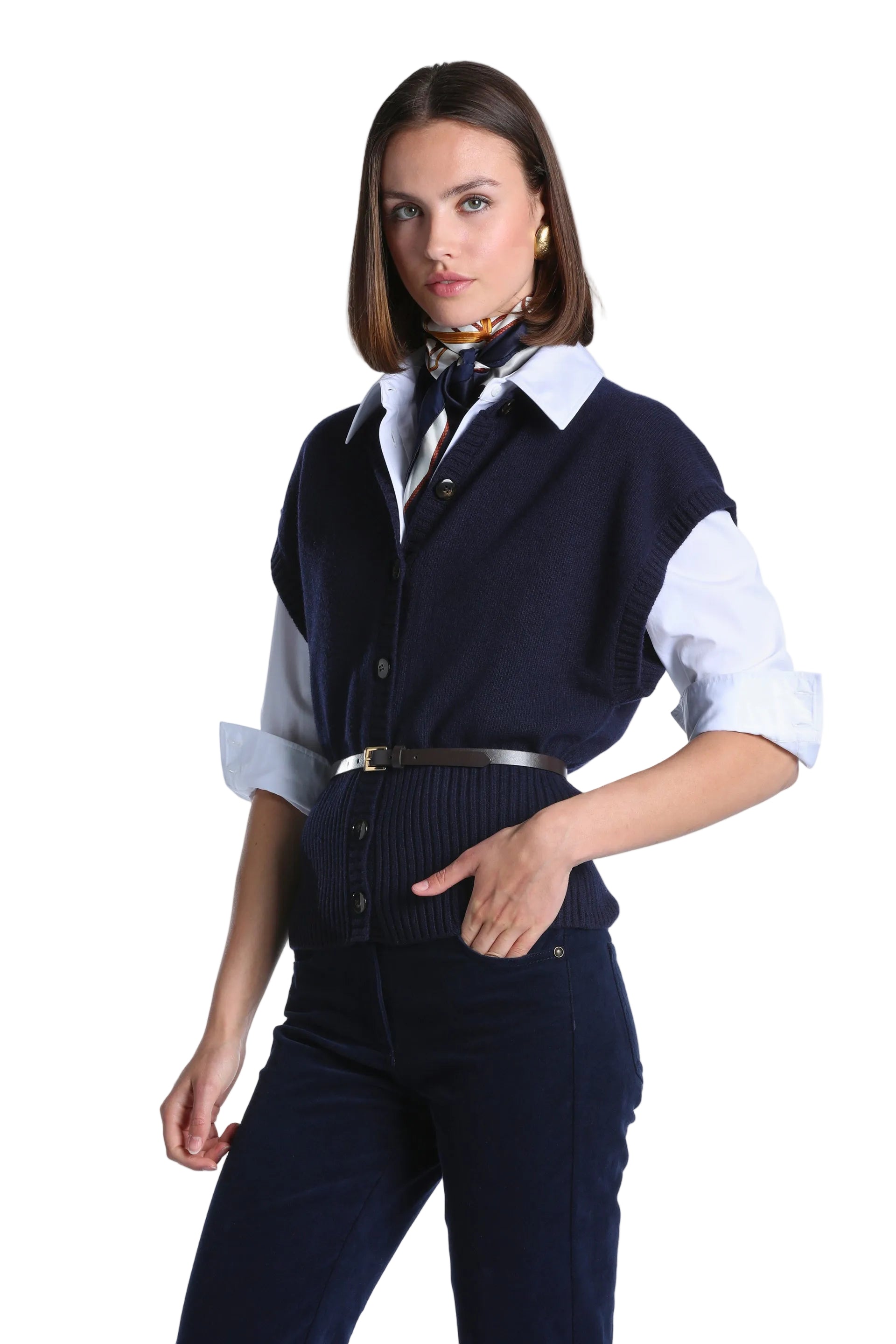 Dark blue knit waistcoat with a V-neck, button-front closure, and ribbed hem.