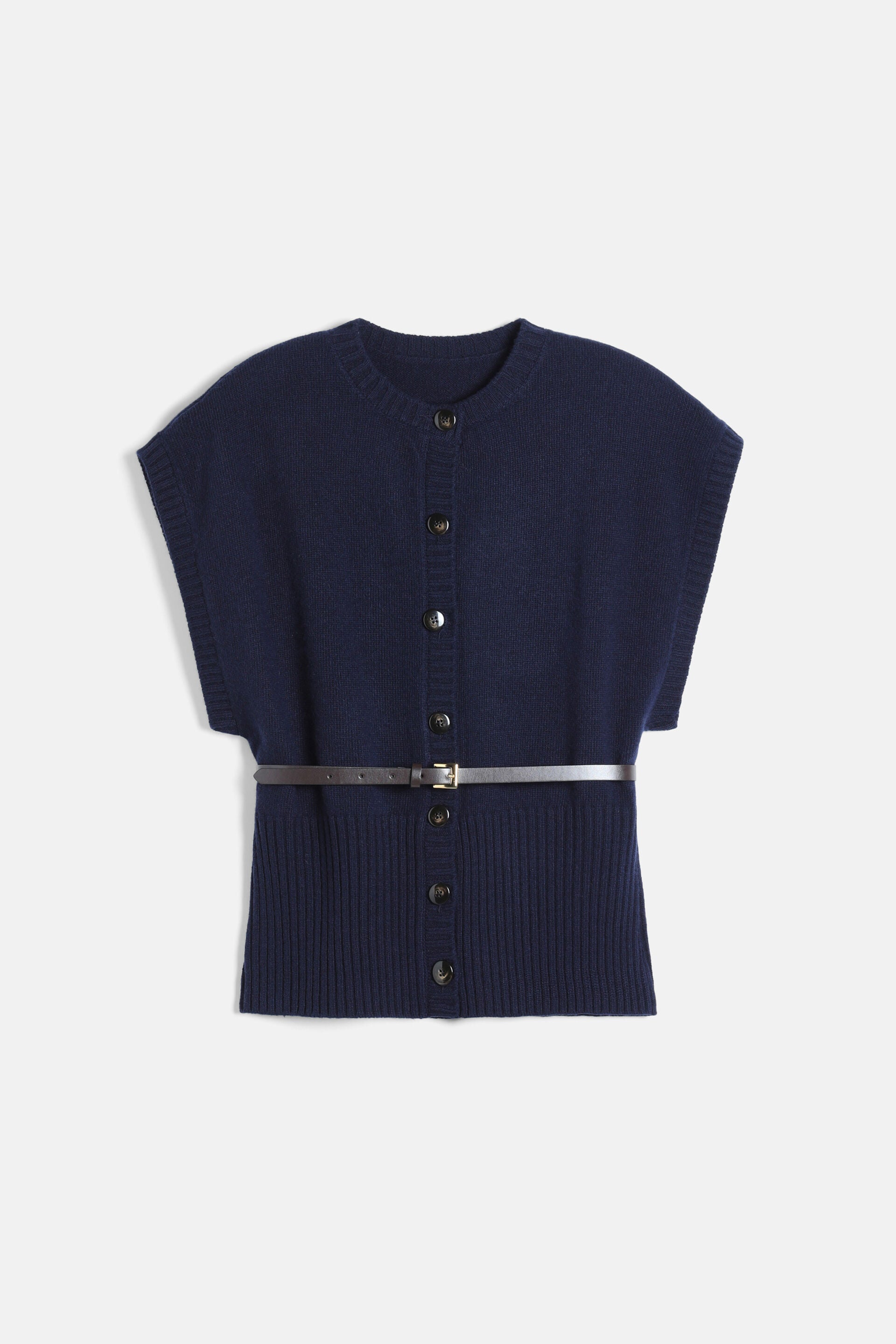 Navy blue knitted sleeveless waistcoat with a round neck, full button front, ribbed hem, and a thin dark brown belt with a go