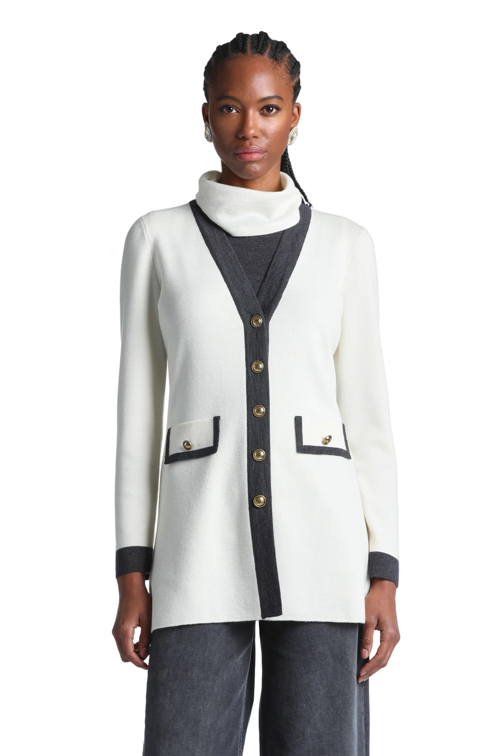 Cream knit cardigan with dark grey trim, V-neck, six gold-toned buttons, and two front patch pockets with gold-toned buttons.