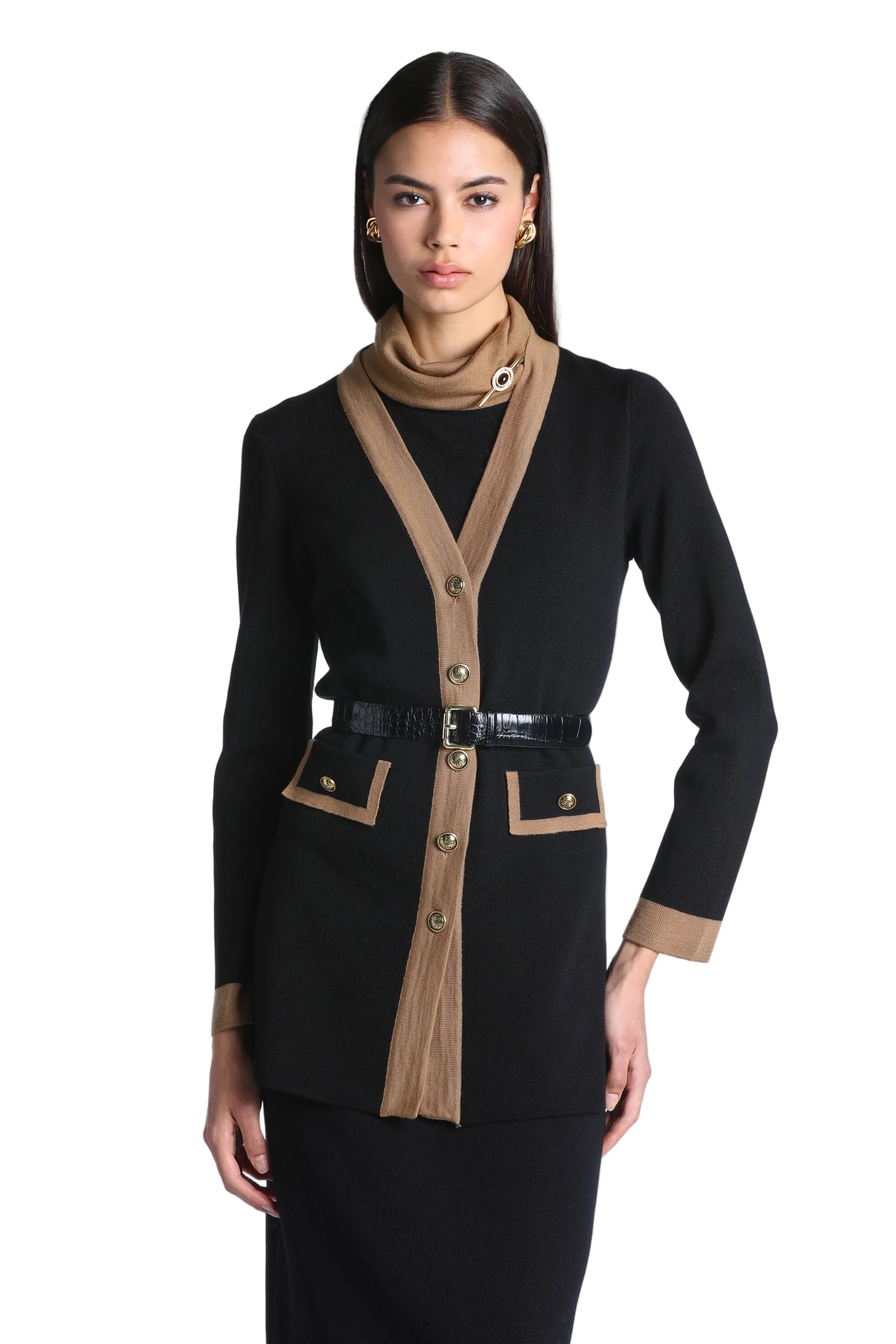 Black knit cardigan with camel contrasting trim, V-neck, long sleeves, gold-toned buttons, and two front patch pockets.