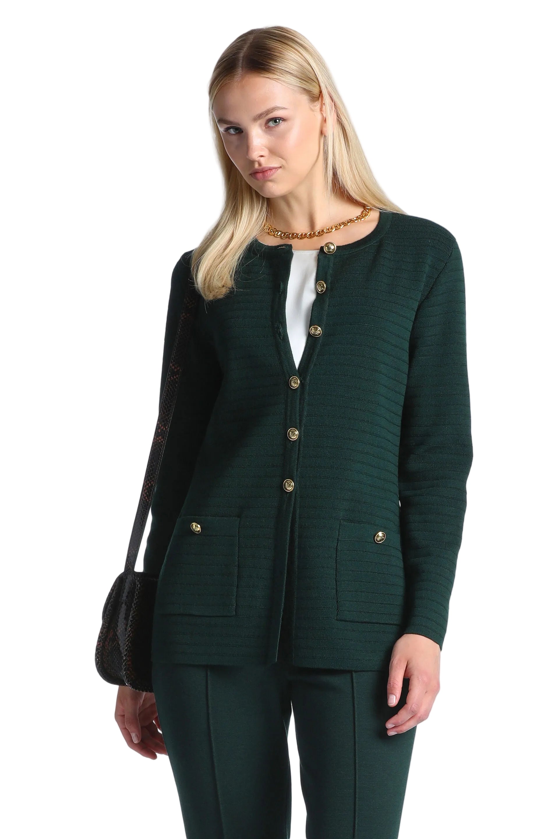 Dark green knit cardigan with a round neckline, gold-toned buttons, and two front patch pockets.