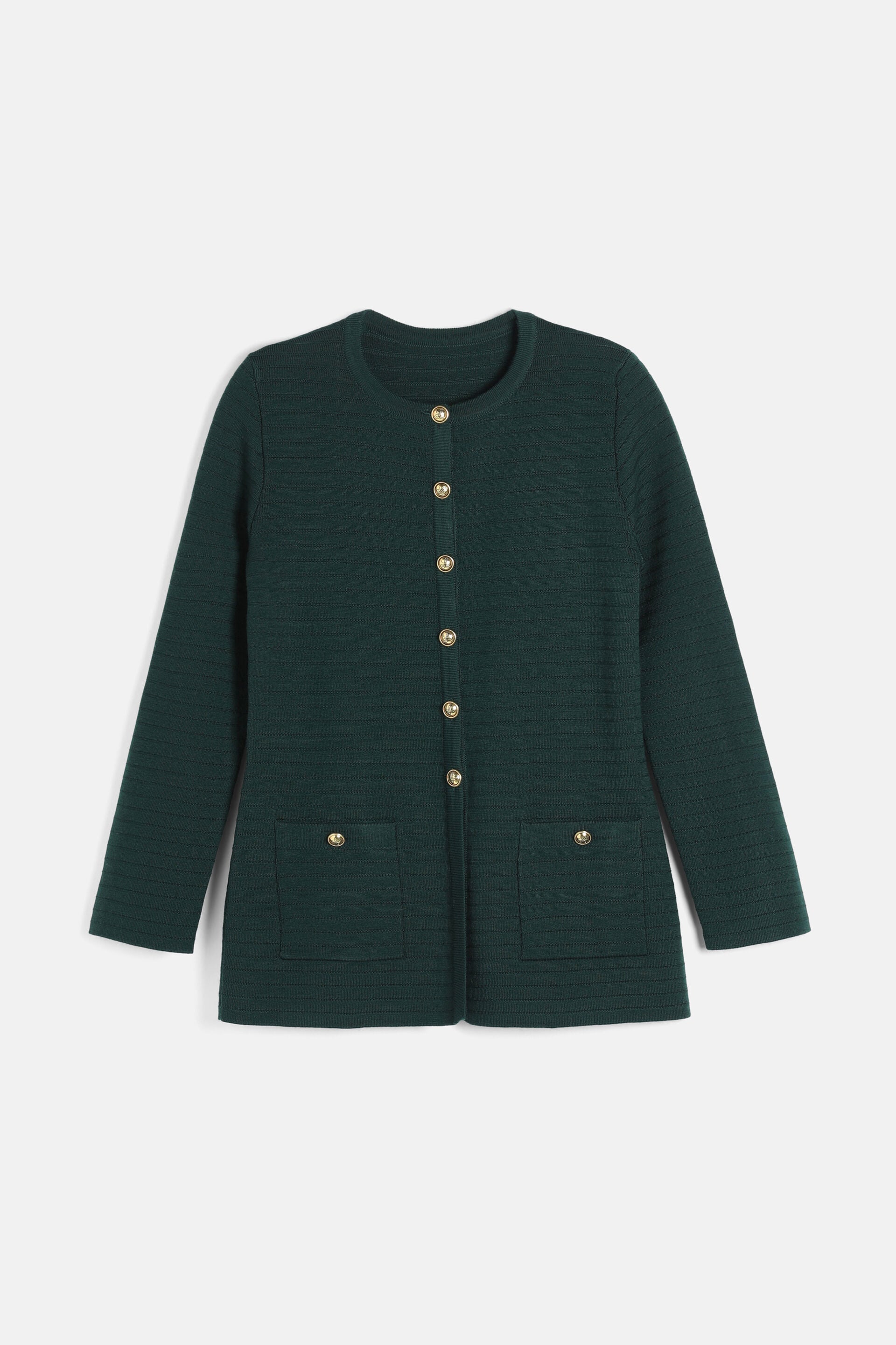 Dark green knit cardigan with a round neck, long sleeves, six gold-toned buttons down the front, and two front patch pockets