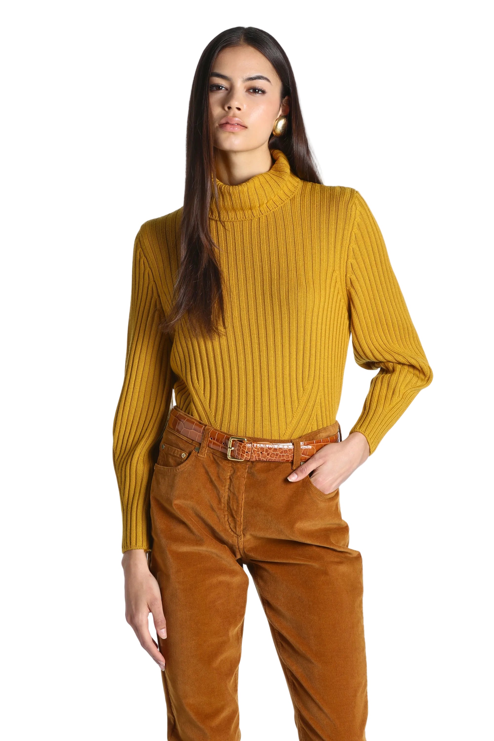 Mustard yellow ribbed knit pullover with a high neck and long sleeves.