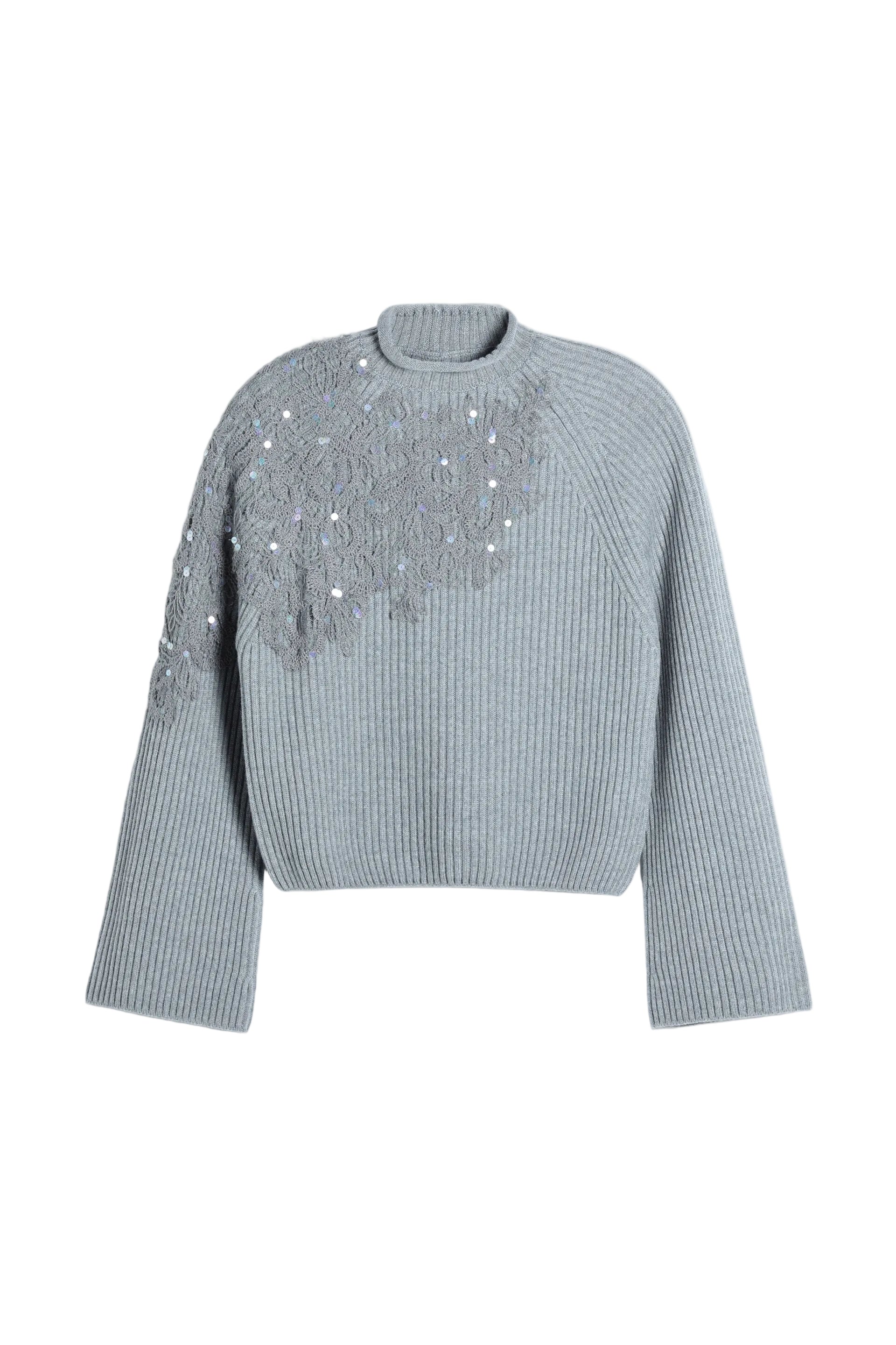 Light grey melange ribbed knit pullover with mock neck, wide sleeves, and sequin embellishments on the upper chest.