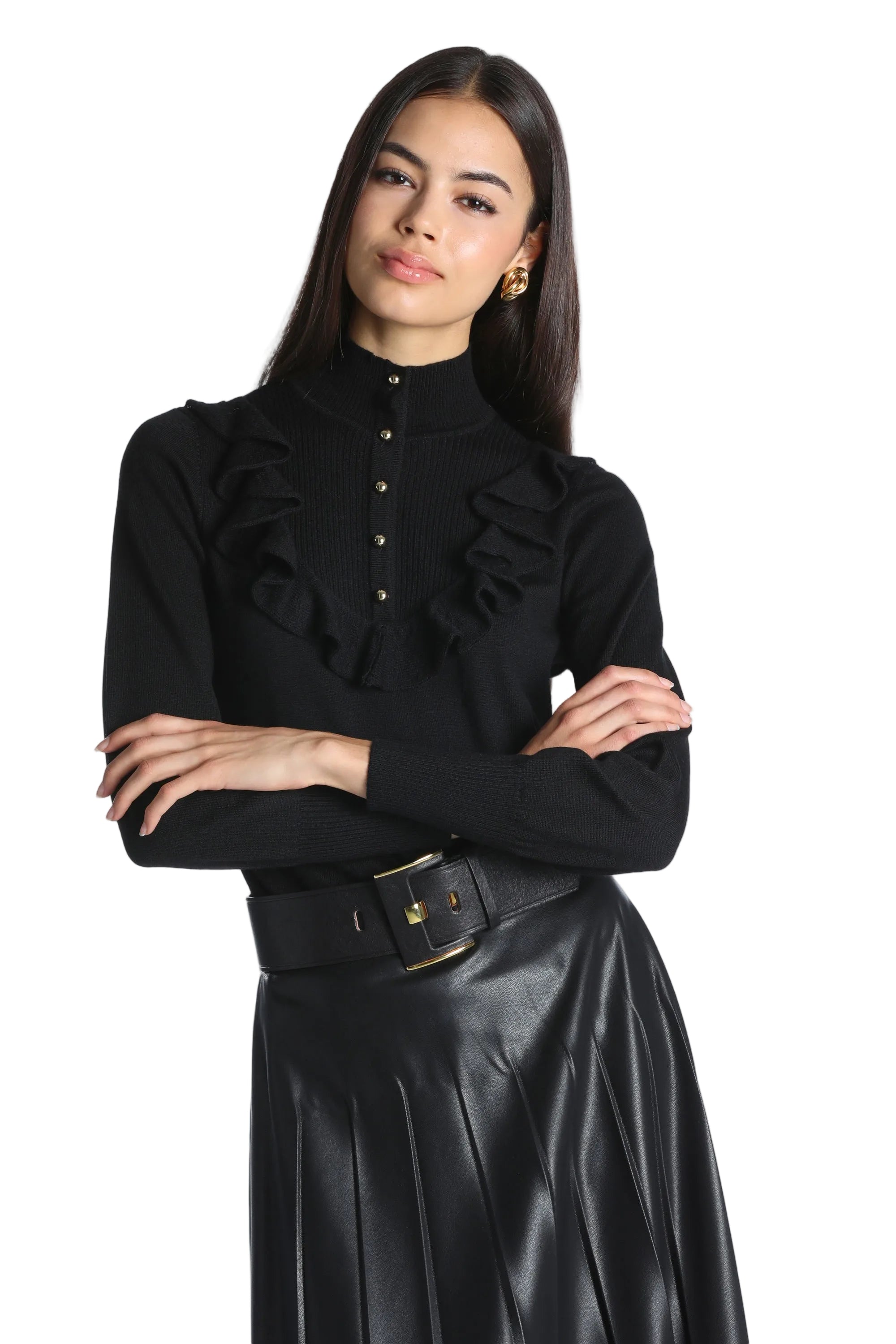 Black high-neck knit pullover with long sleeves, a button placket, and vertical ruffles on the front.