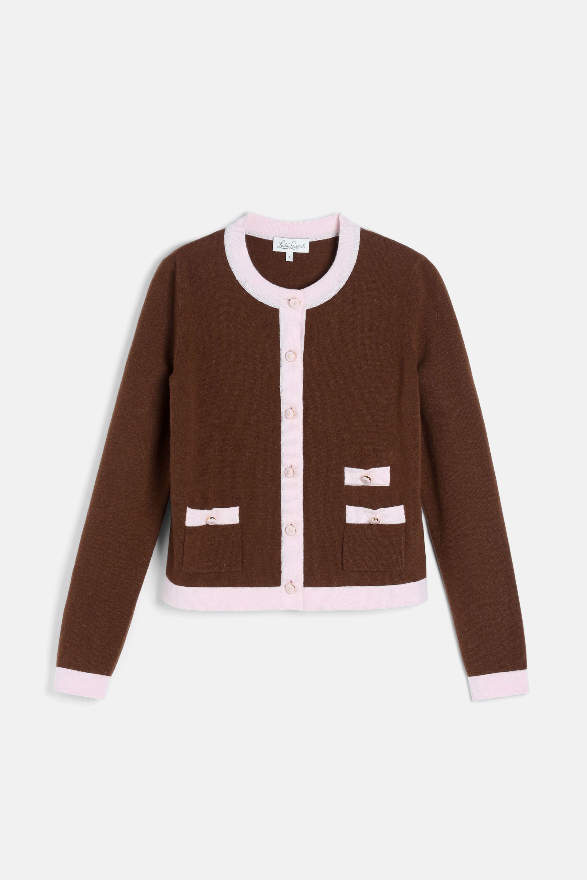 Brown cardigan with pink trim on edges. Six pink buttons with gold-toned accents. Two patch pockets with pink bow flaps.