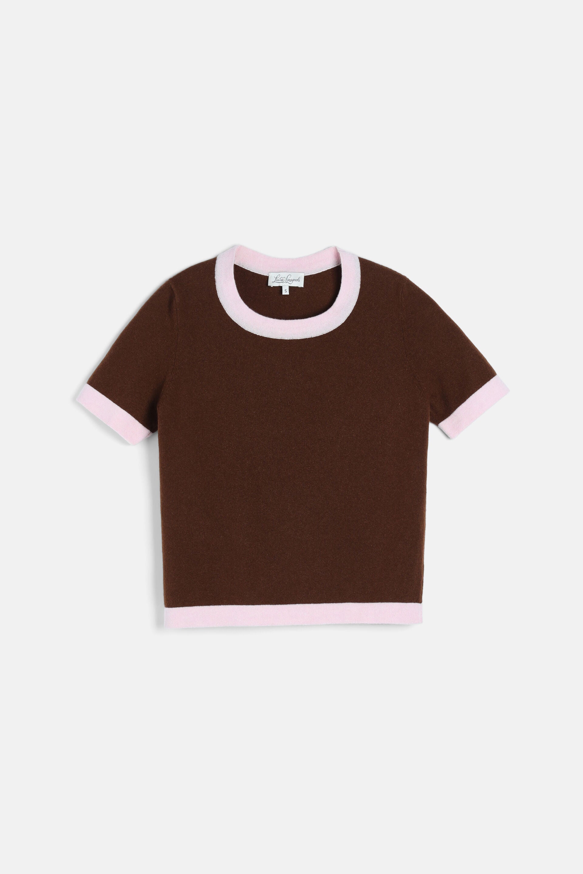 Brown short-sleeved knit pullover with a crew neck, featuring light pink ribbed trim on the collar, sleeve cuffs, and hem.