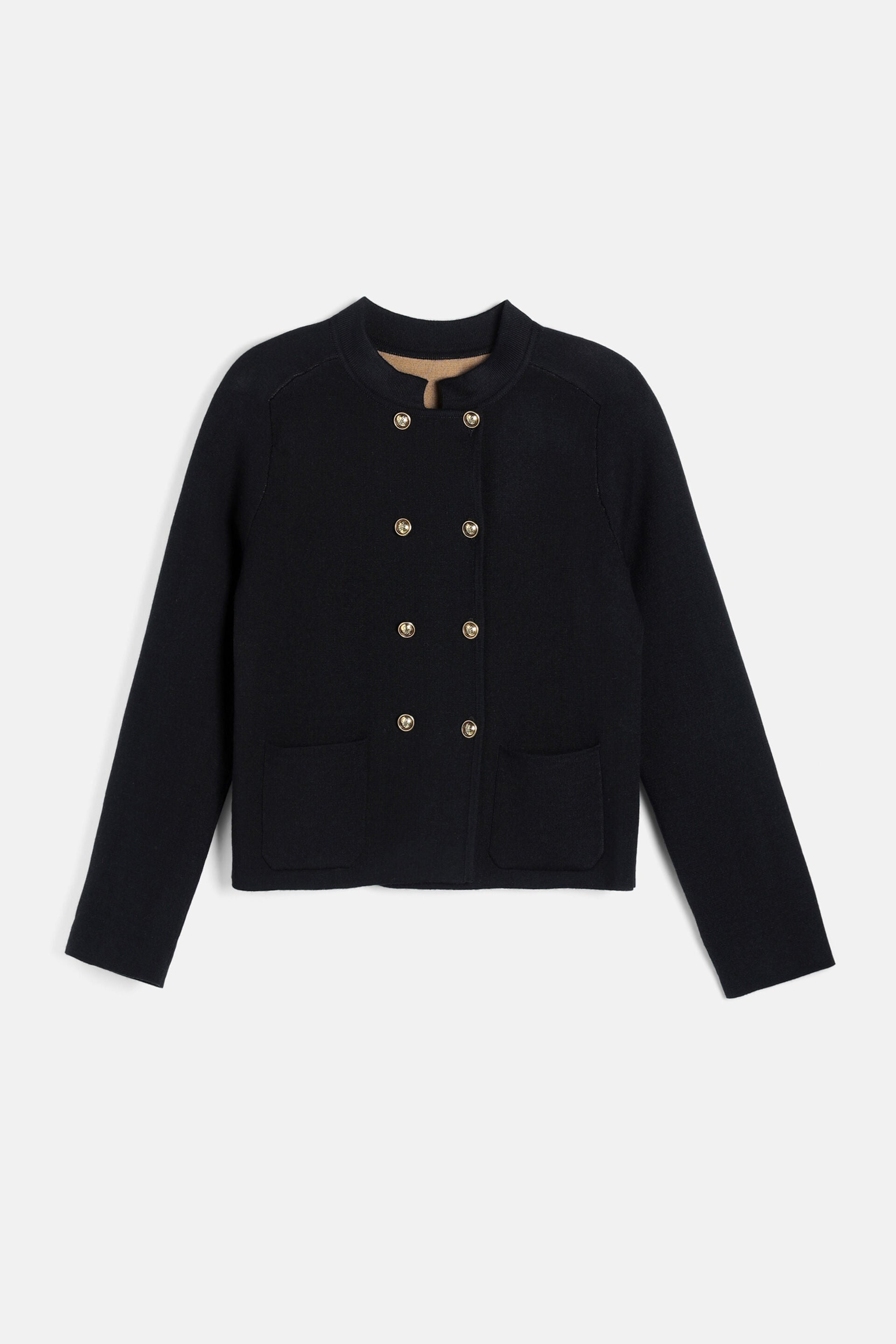 Navy wool jacket with collarless neckline, double-breasted front with 6 gold-toned buttons, and two front patch pockets. Tan
