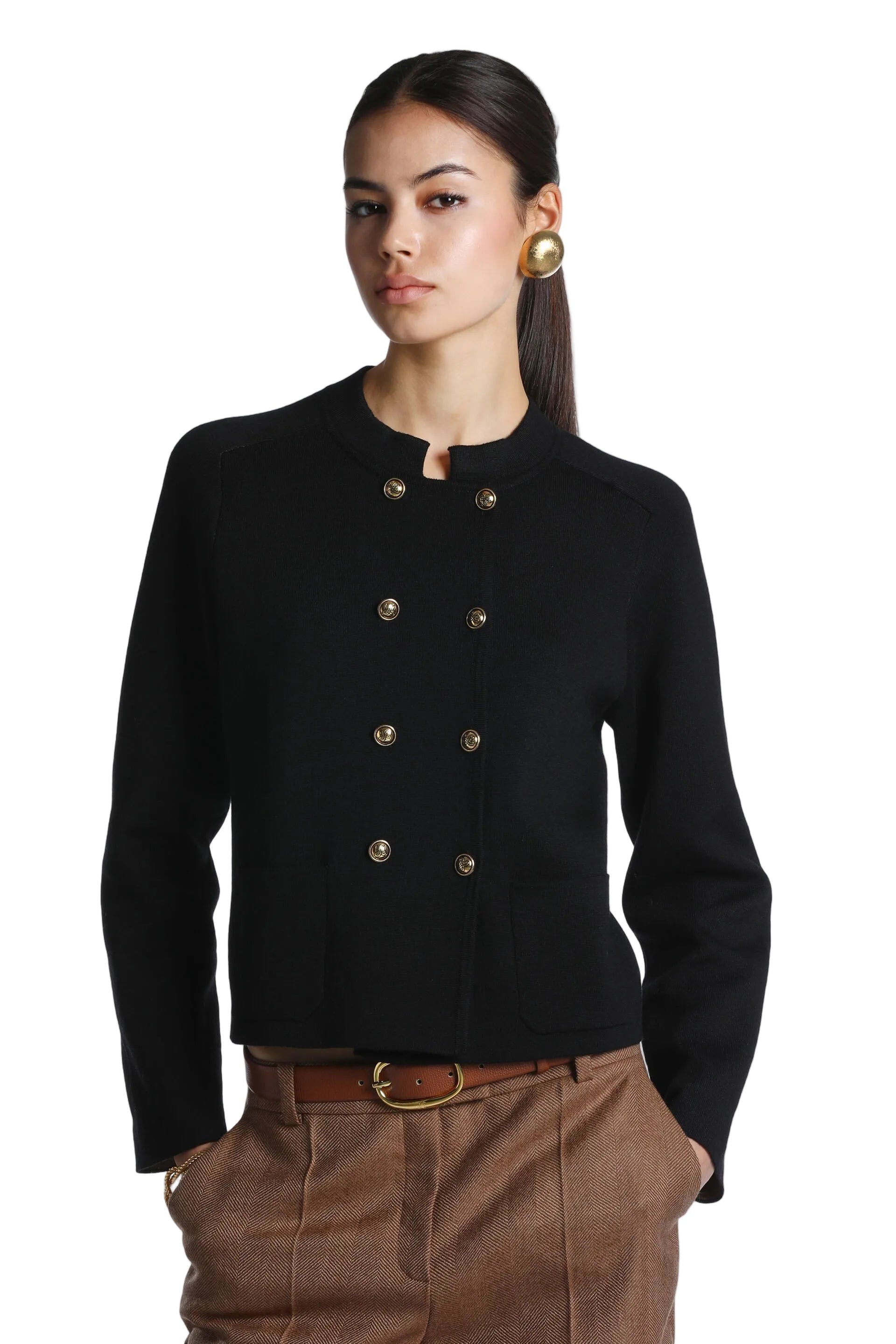 Black double-breasted women's wool jacket with a band collar, gold-toned buttons, and two front patch pockets.