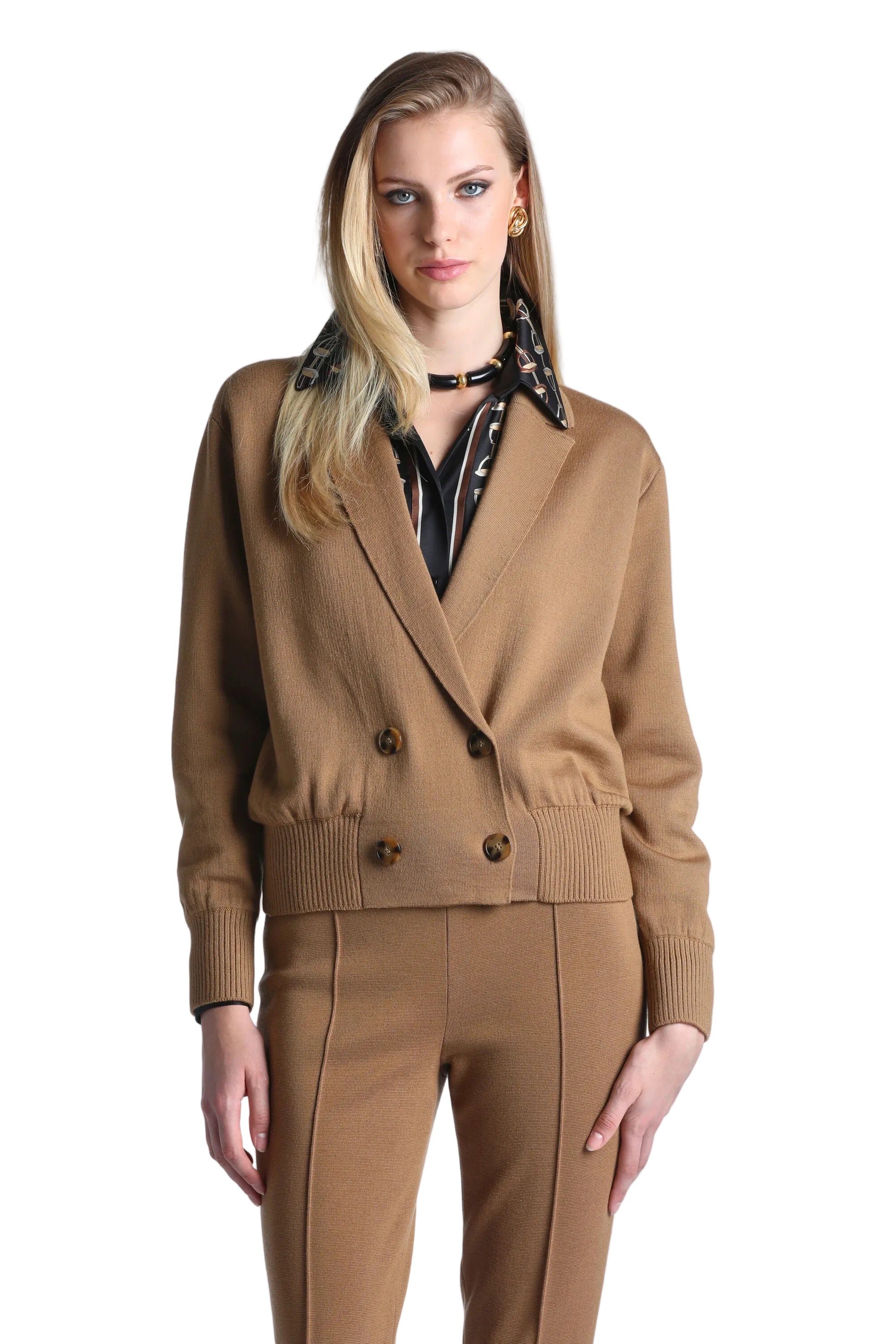 Camel double-breasted knit jacket with wide lapels, four brown buttons, and ribbed cuffs and hem.