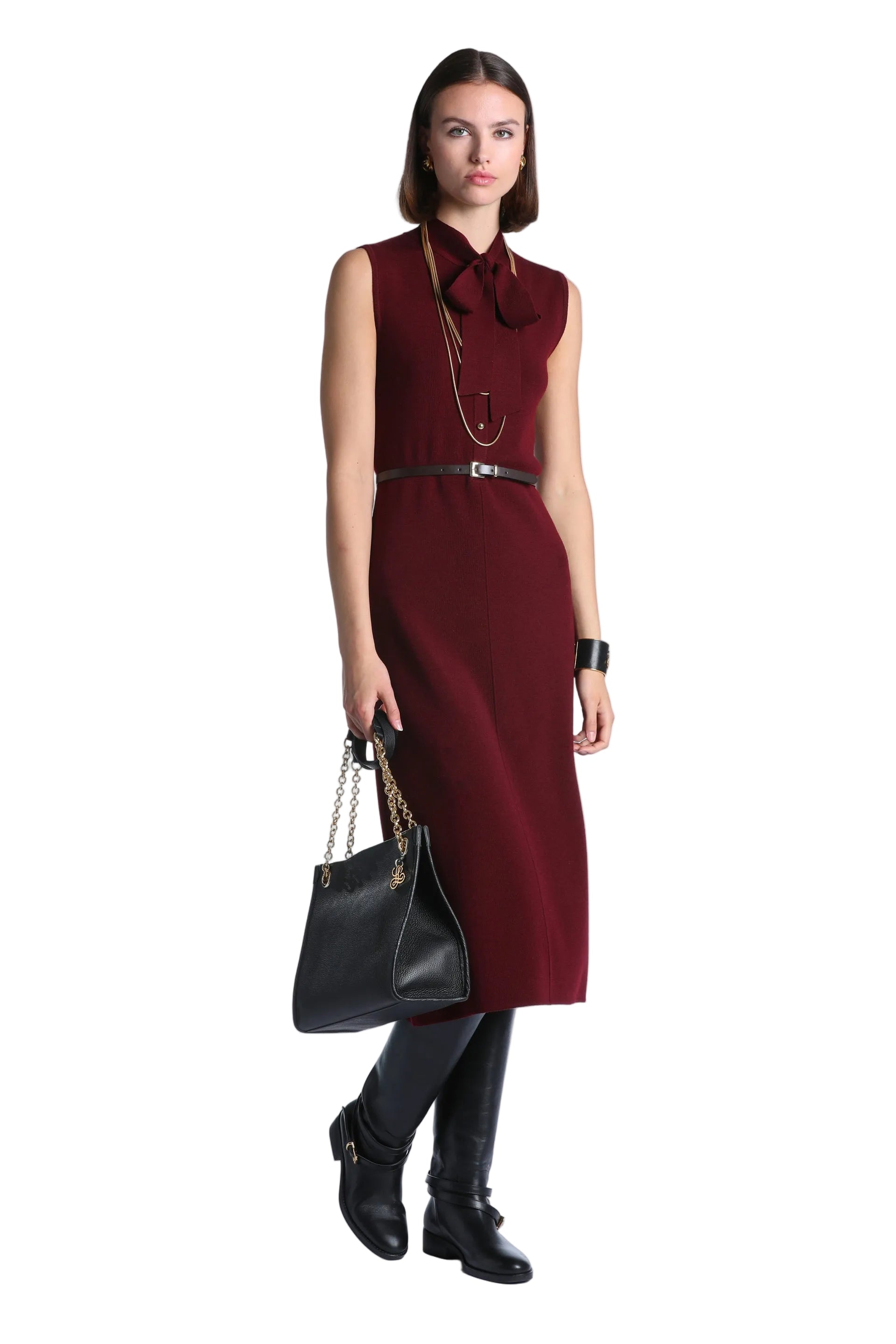 Deep red sleeveless pussy-bow knit midi dress with a straight silhouette and a subtle front seam.