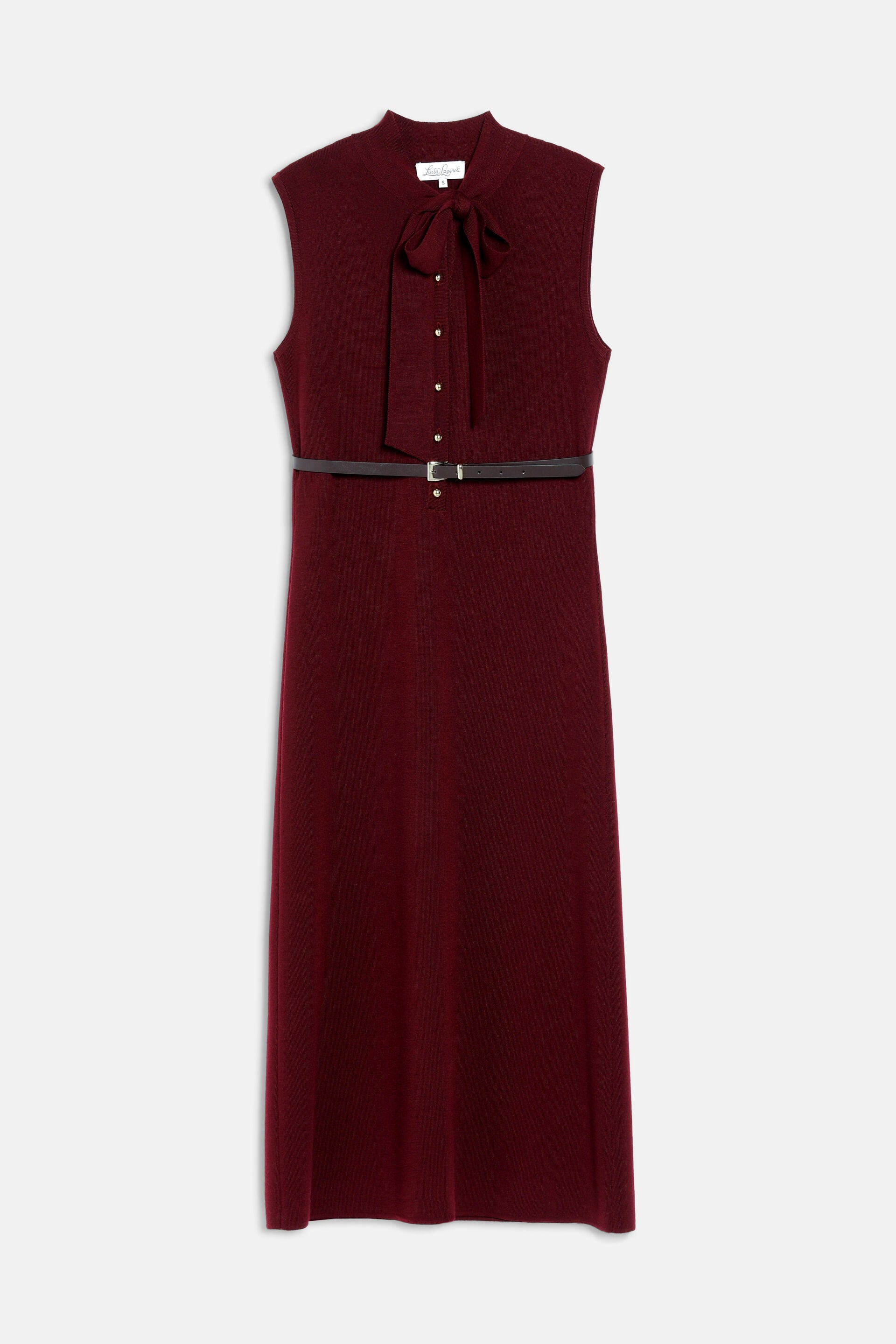 Sleeveless burgundy knit midi dress with a mock neck, tied bow, gold-toned button placket, and a black belt with a gold-toned