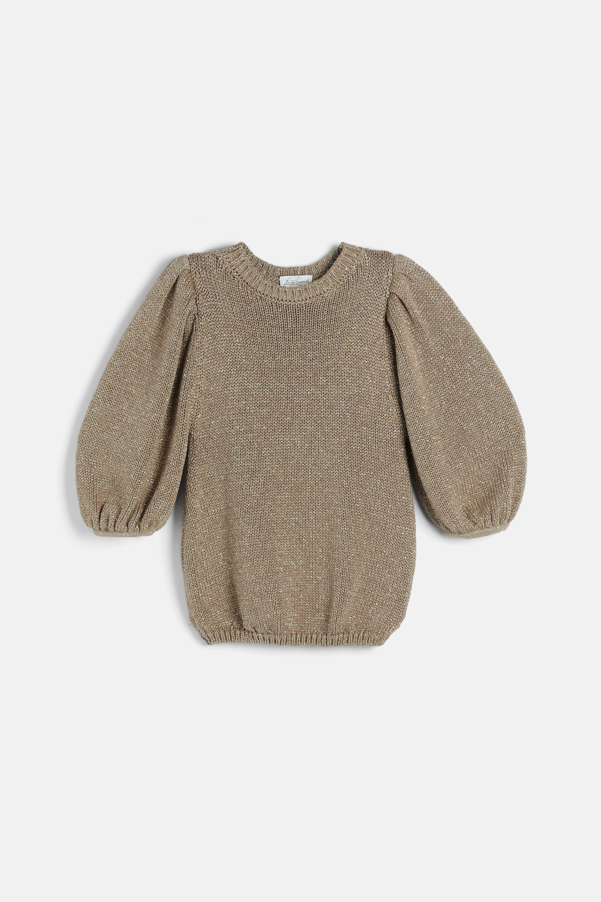 Gold-toned knit pullover with a round neck, puffed balloon sleeves, and ribbed cuffs and hem.