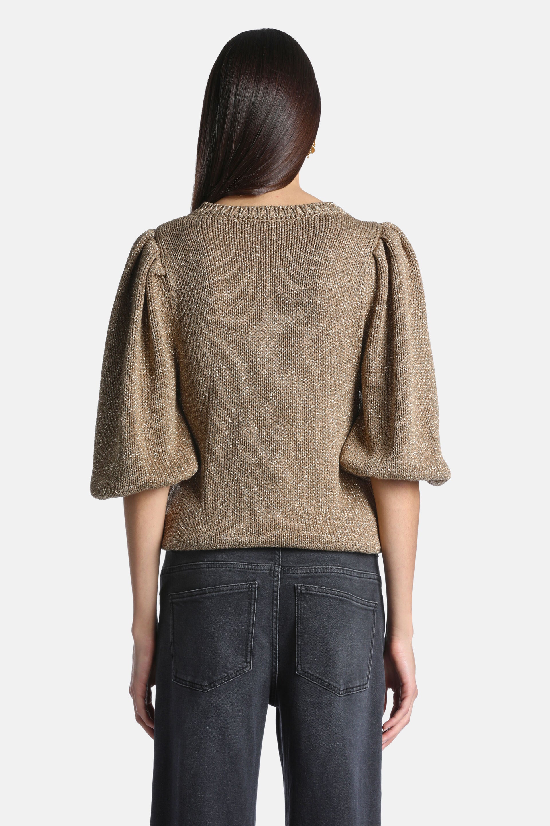 Gold-toned knit pullover, back view. Features a ribbed crew neck, ribbed hem, and elbow-length puffed sleeves.
