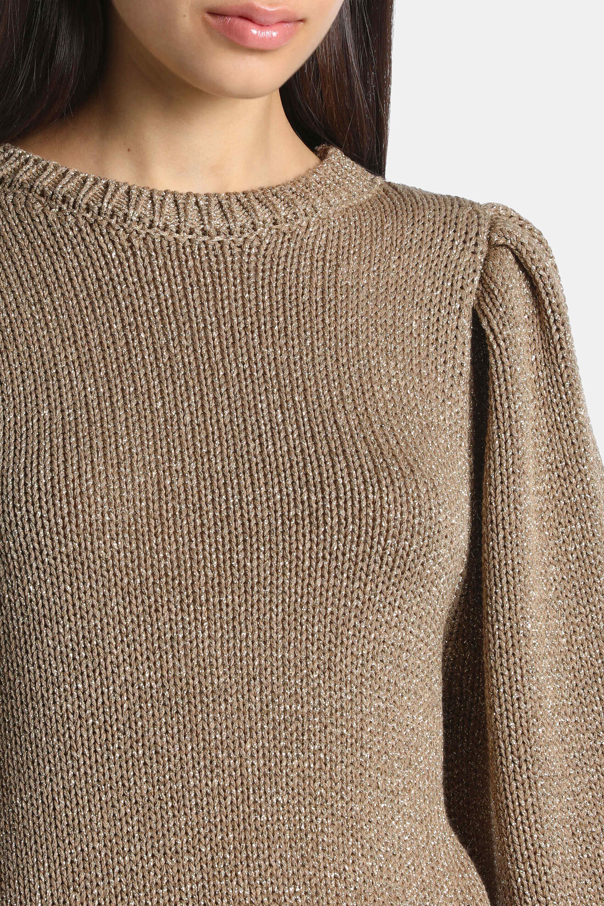 Gold-toned shimmery knit pullover with a ribbed crew neck and puffed shoulders.