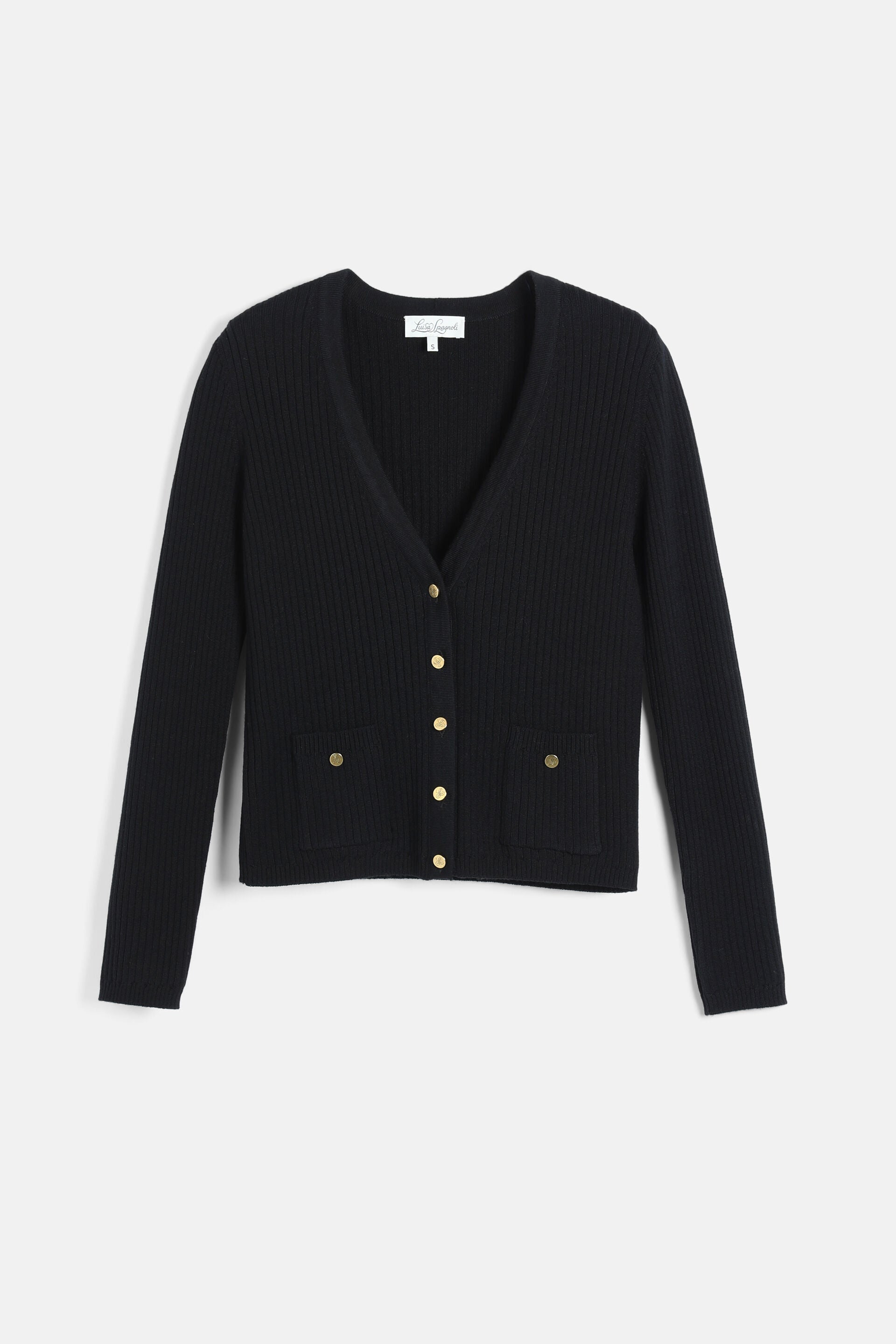 Black ribbed knit V-neck cardigan with six gold-toned buttons down the front and two front patch pockets, each with a gold-to