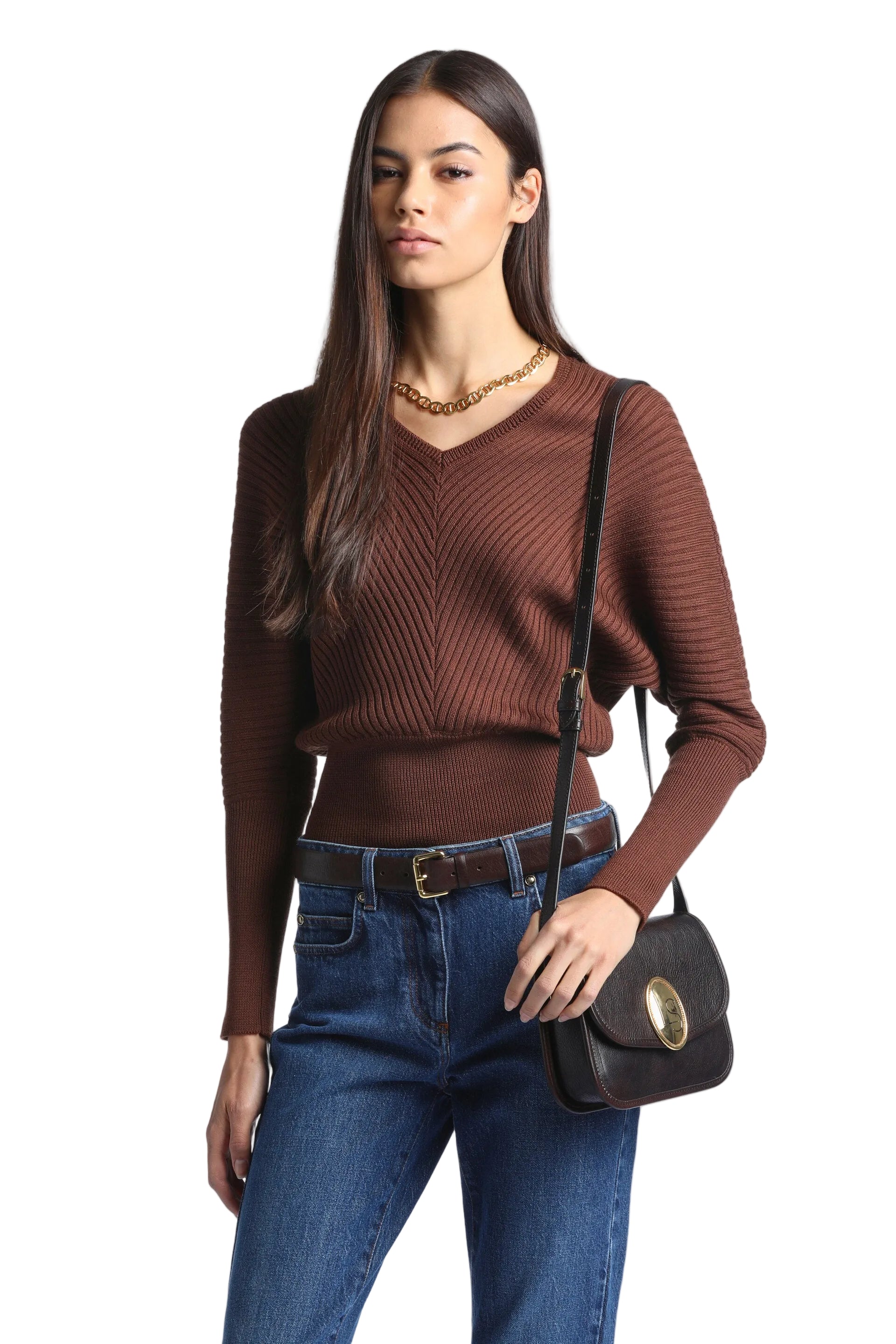 Tobacco brown V-neck ribbed knit pullover with chevron pattern and dolman sleeves.