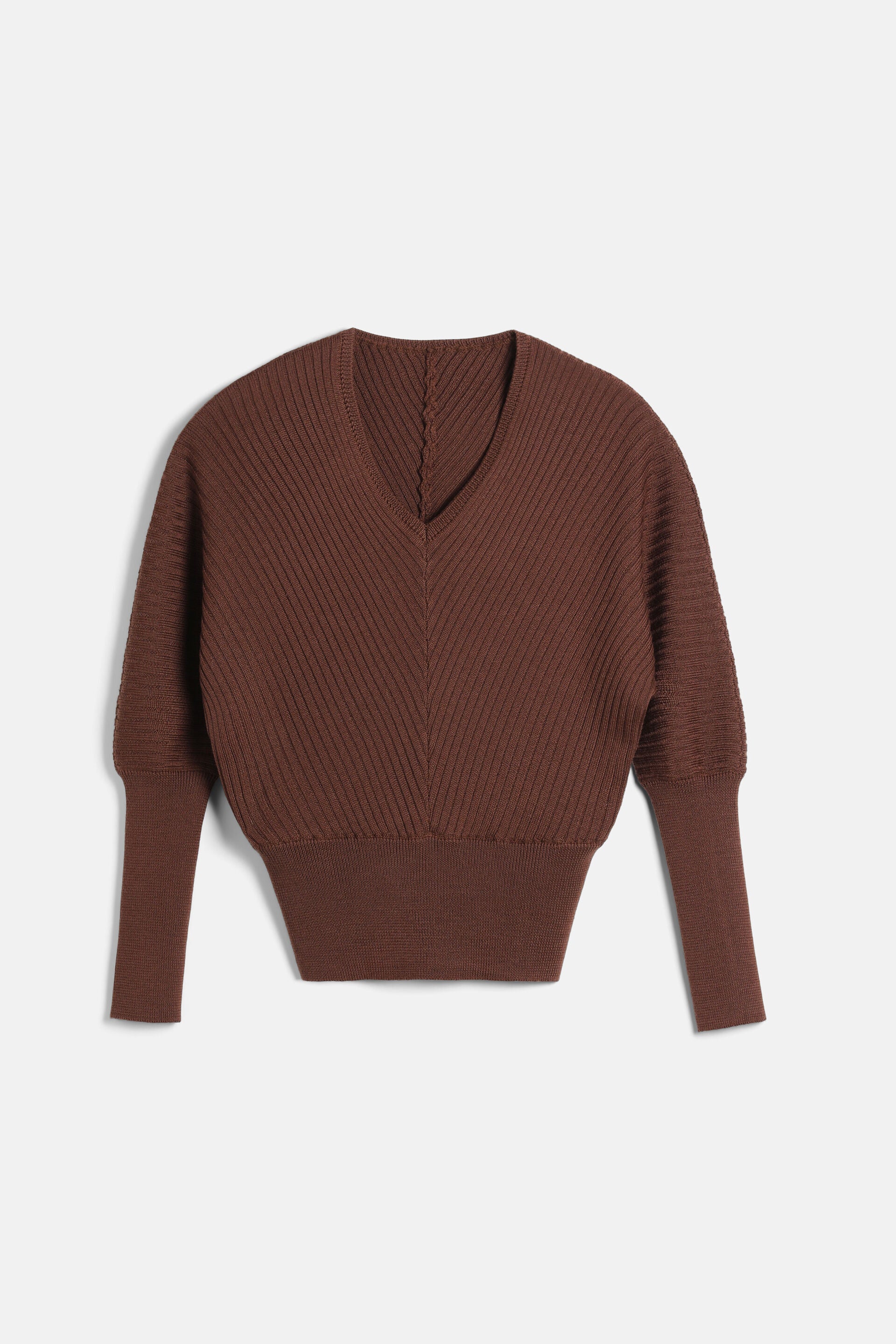Tobacco brown ribbed knit pullover sweater with a V-neck, dolman sleeves, and a V-shaped diagonal rib pattern on the front.
