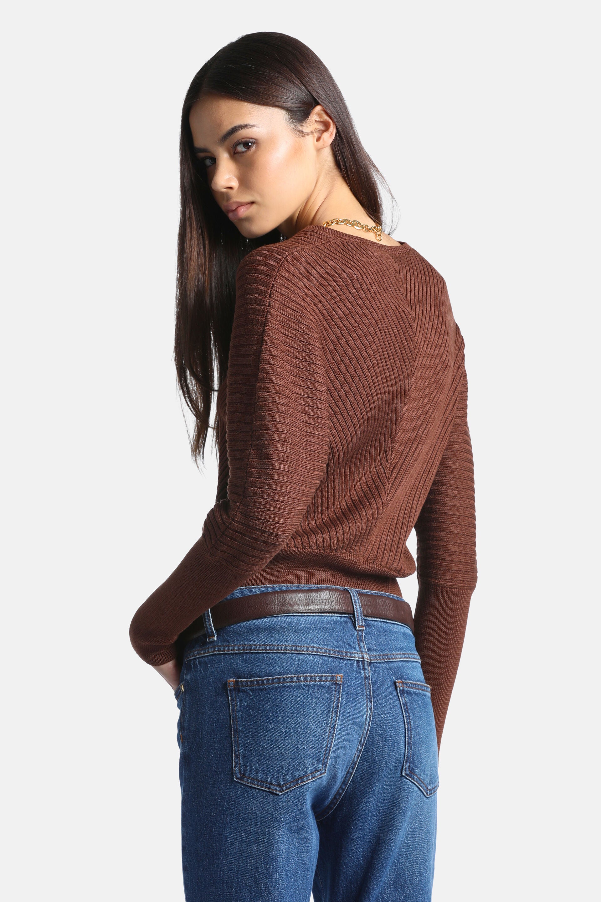 Tobacco ribbed knit pullover with diagonal ribbing on the body forming a V-shape at the back, and horizontal ribbing on the s