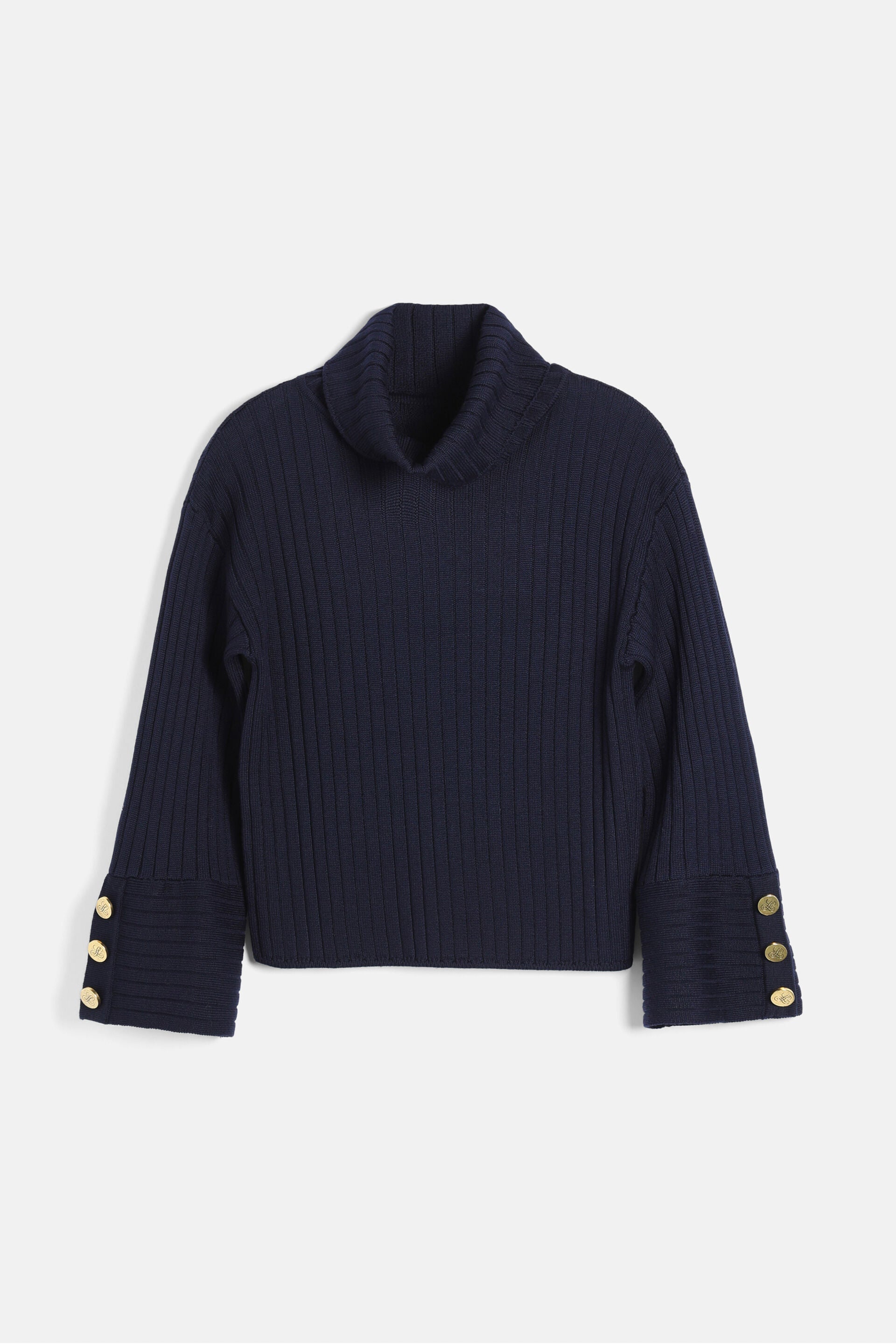 Navy blue ribbed knit turtleneck pullover with wide cuffs, each featuring three gold-toned buttons.