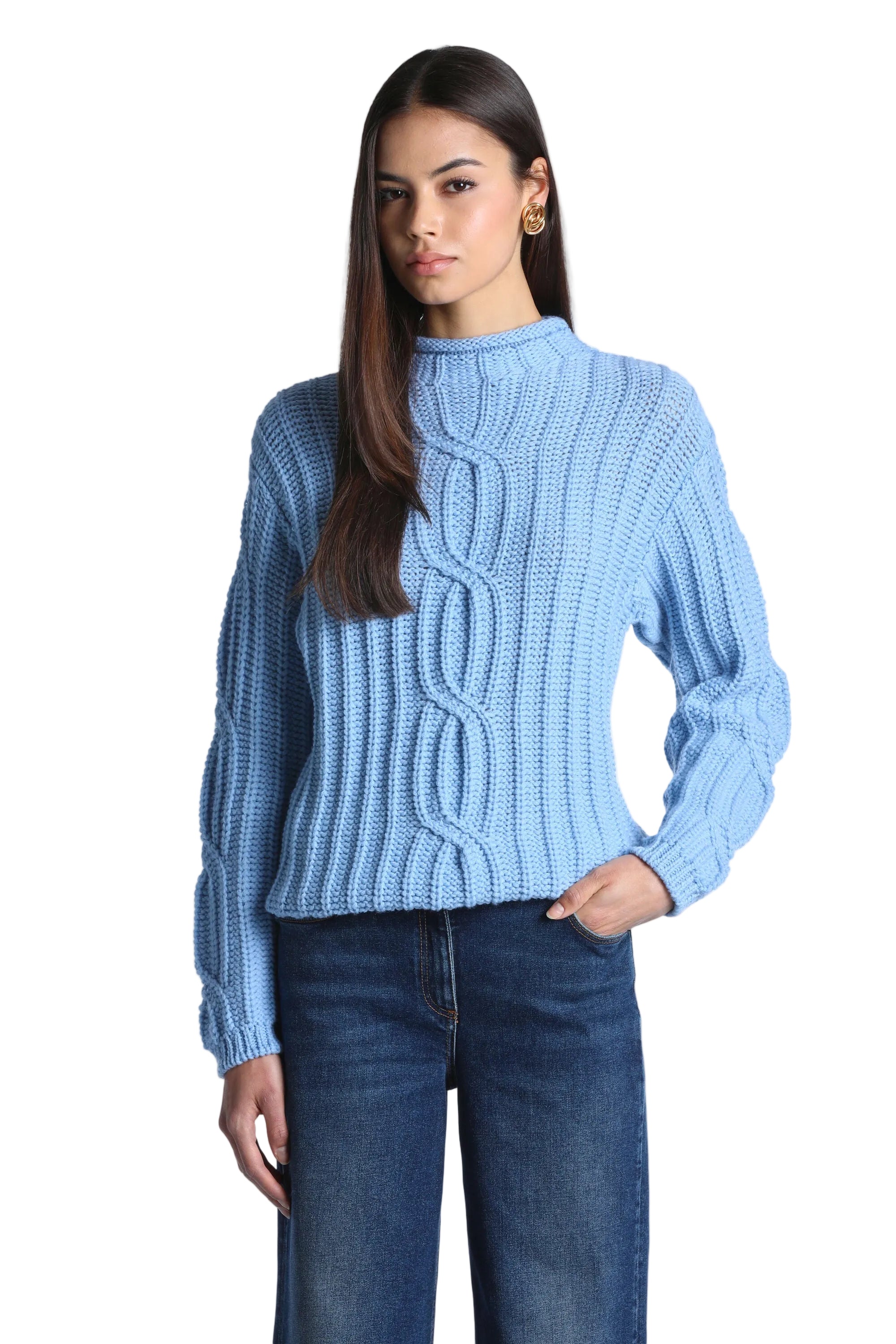 Light blue chunky knit pullover with a mock neck, prominent ribbed texture, and vertical cable knit patterns on the front and