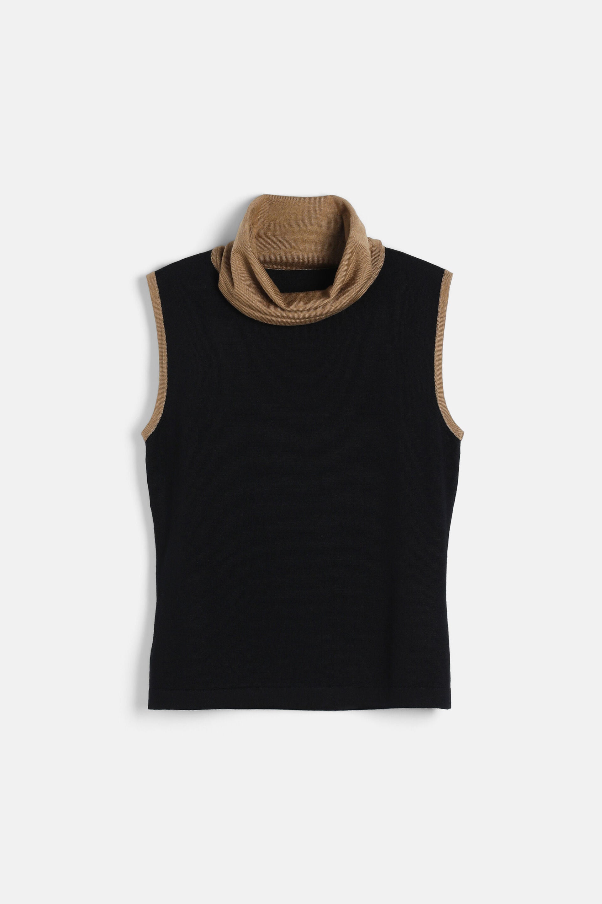Black sleeveless sweater with a camel-colored cowl neck and camel trim on the armholes.