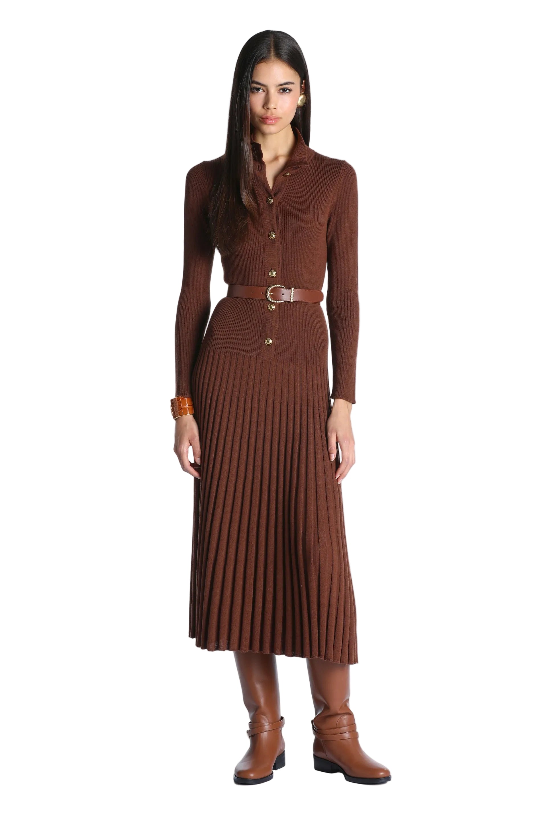 Brown long-sleeved knit midi dress with a collared neckline, button-front closure, and a pleated skirt.