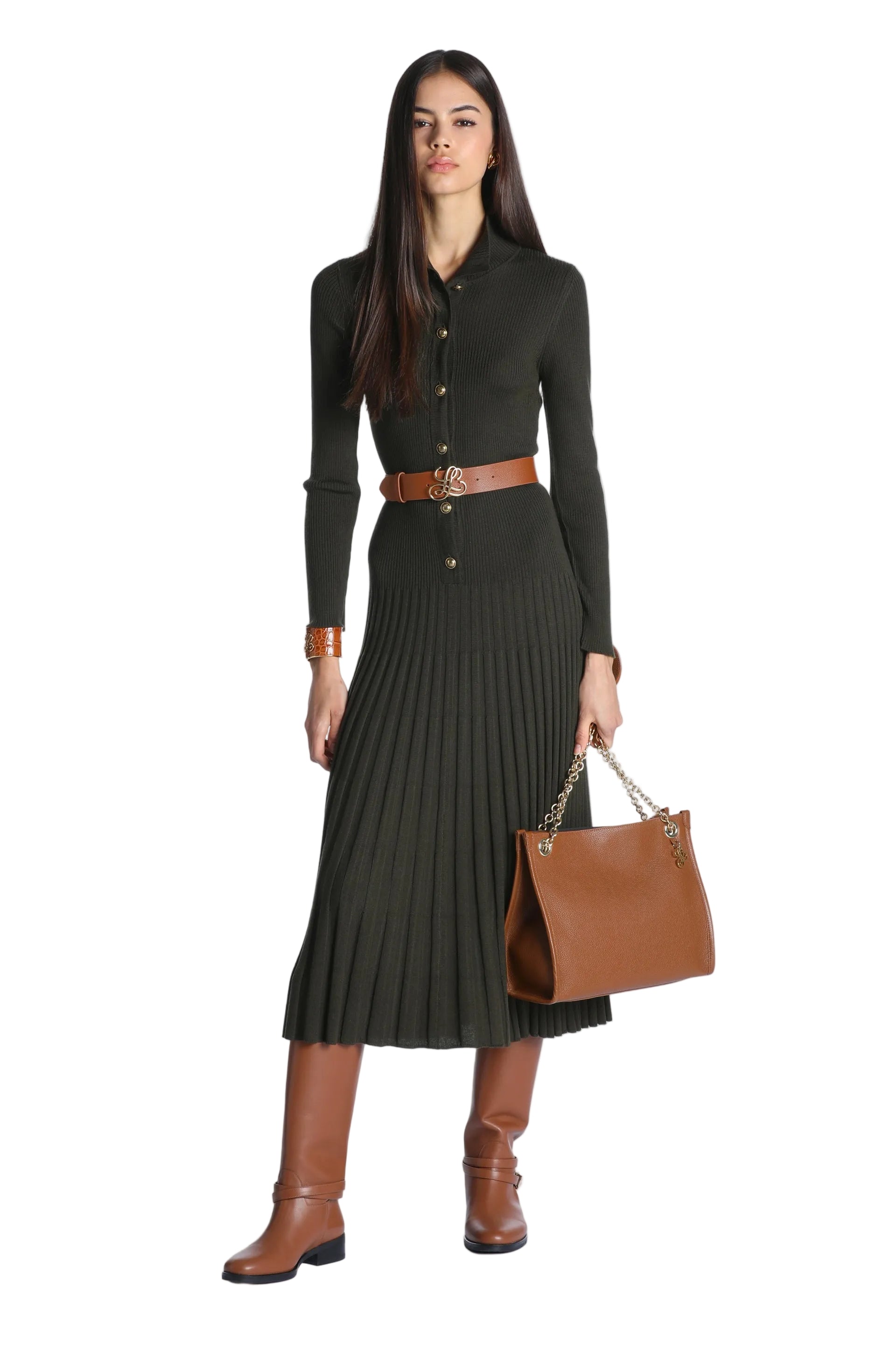 Dark green ribbed knit midi dress with long sleeves, a collar, gold-toned button-front closure, and a pleated skirt.