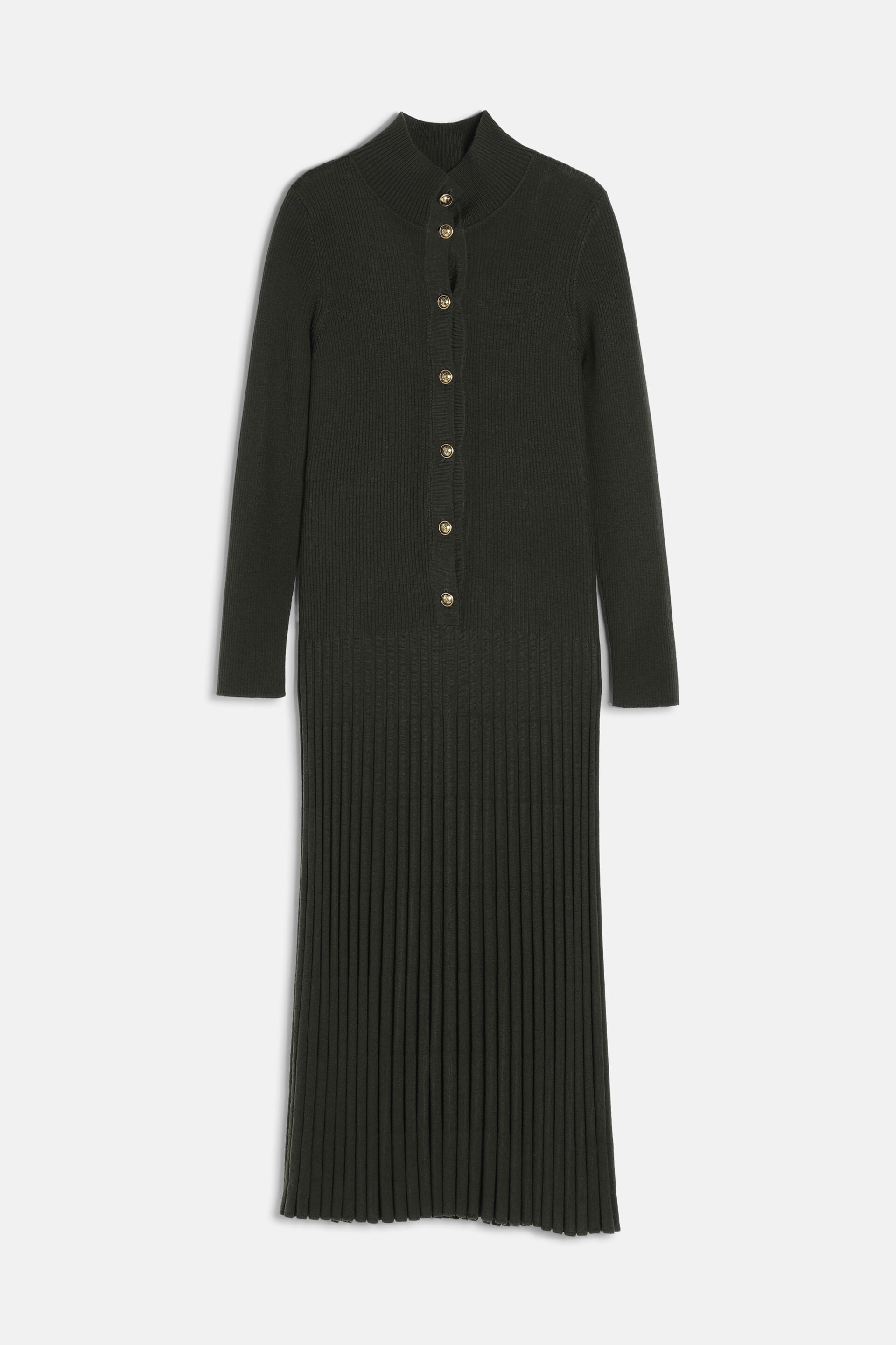 Dark green ribbed knit midi dress with long sleeves, mock neck, and a front placket with 7 gold-toned buttons.