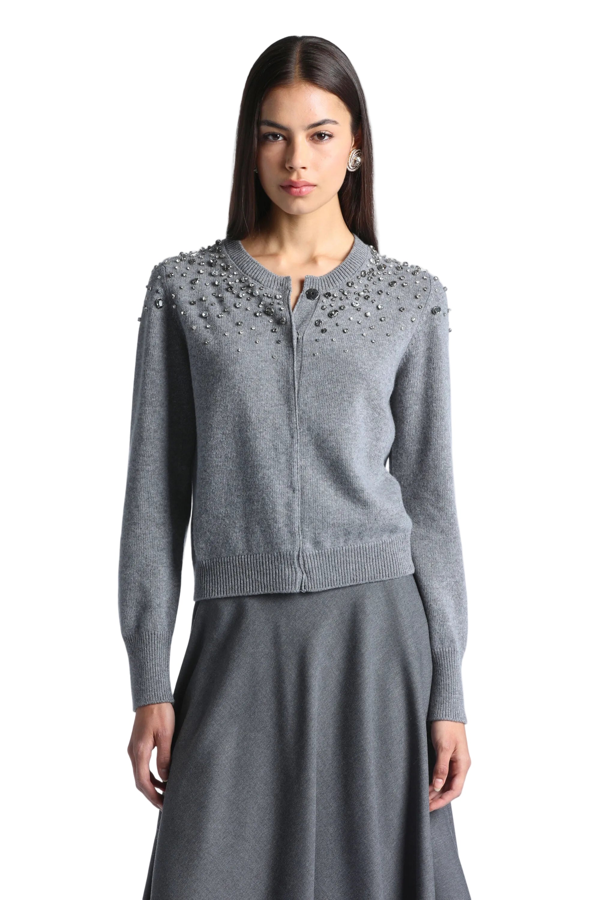 Grey knit cardigan with a crew neck, long sleeves, full-length zip closure, and scattered grey bead embellishments on shoulde