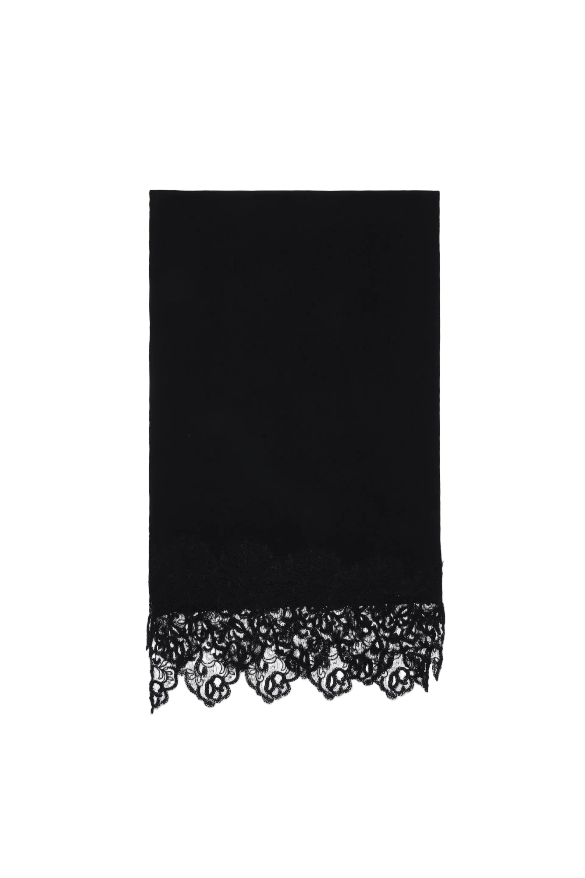 Black rectangular scarf with a scalloped black lace trim featuring ornate floral patterns.