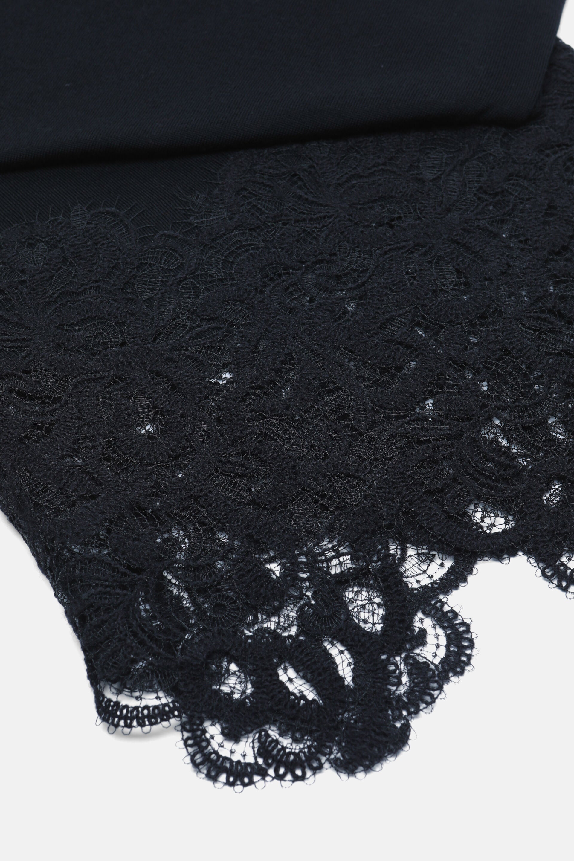 Black scarf with a smooth upper section and a wide, intricate floral lace trim with scalloped edges.