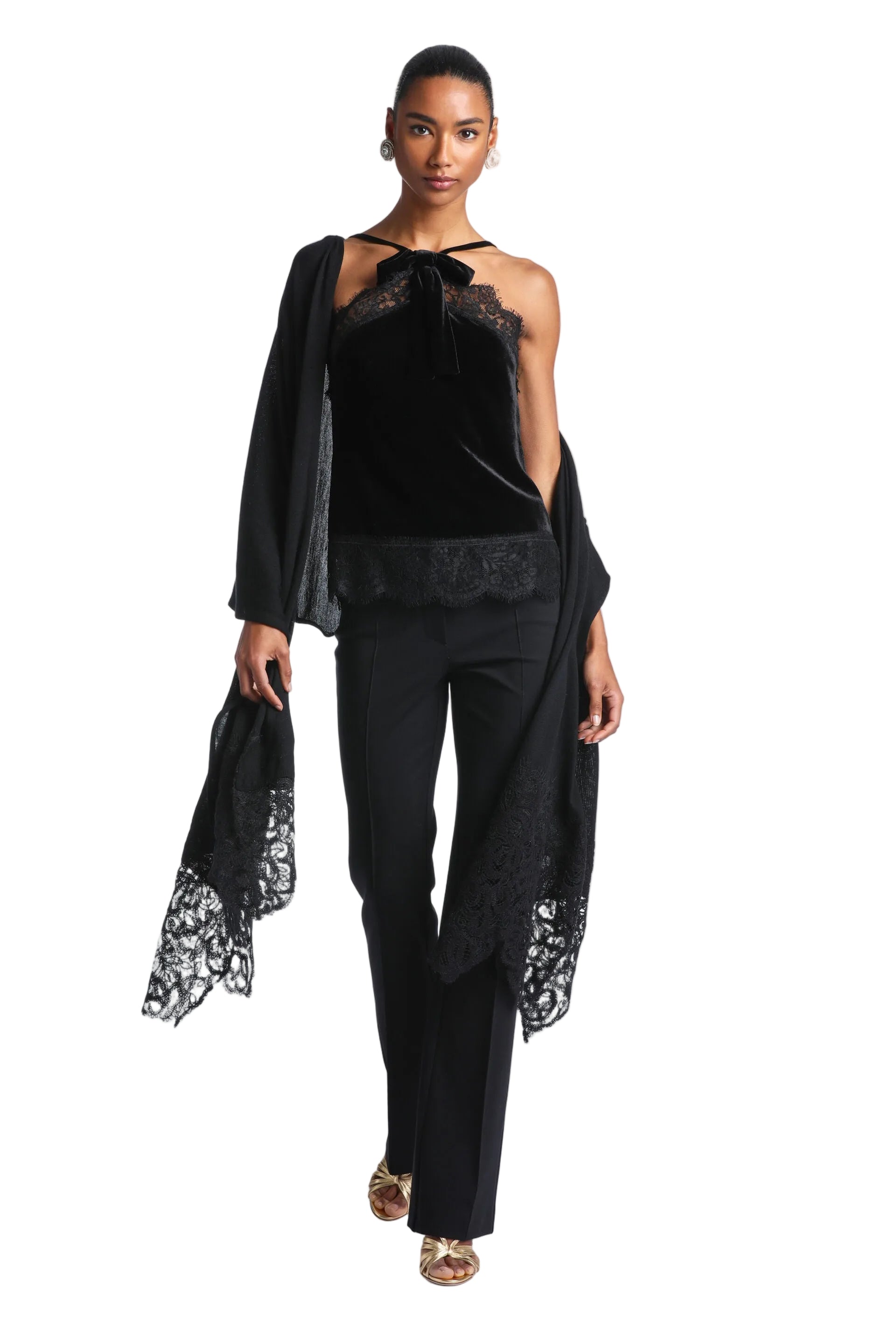 Black lightweight scarf with wide, intricate floral lace trim on both ends.